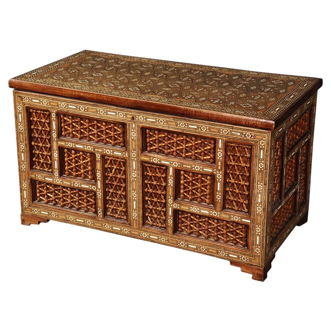 Moroccan Carved Inlaid Bone 1850s Era Trunk Chest Coffee Table