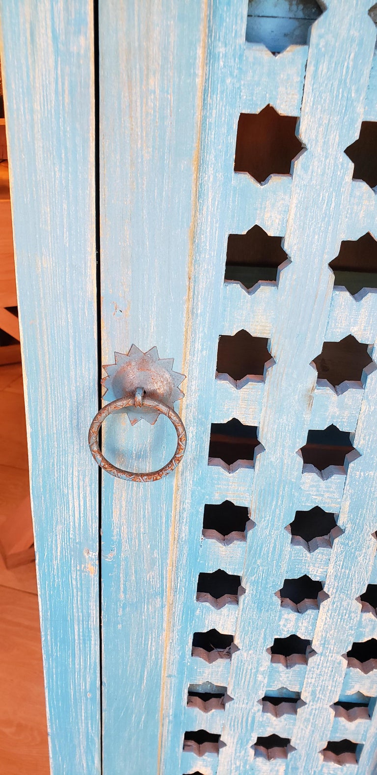 Moroccan Carved Storage Cabinet Old Blue Window Shutter For Sale