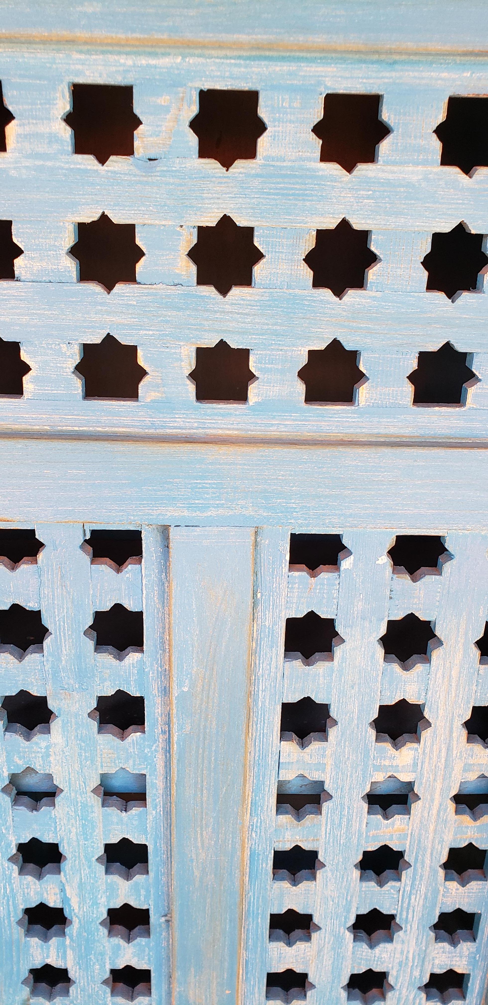 Hand-Carved Moroccan Carved Storage Cabinet, Old Blue Window Shutter For Sale