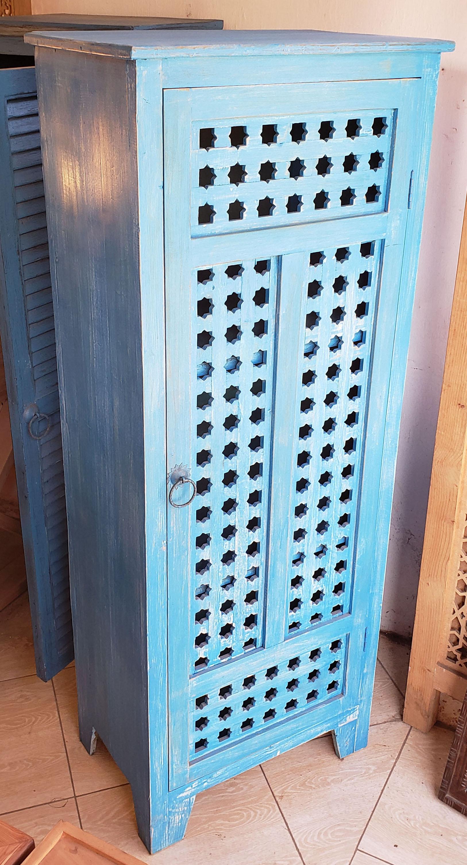 Contemporary Moroccan Carved Storage Cabinet, Old Blue Window Shutter For Sale
