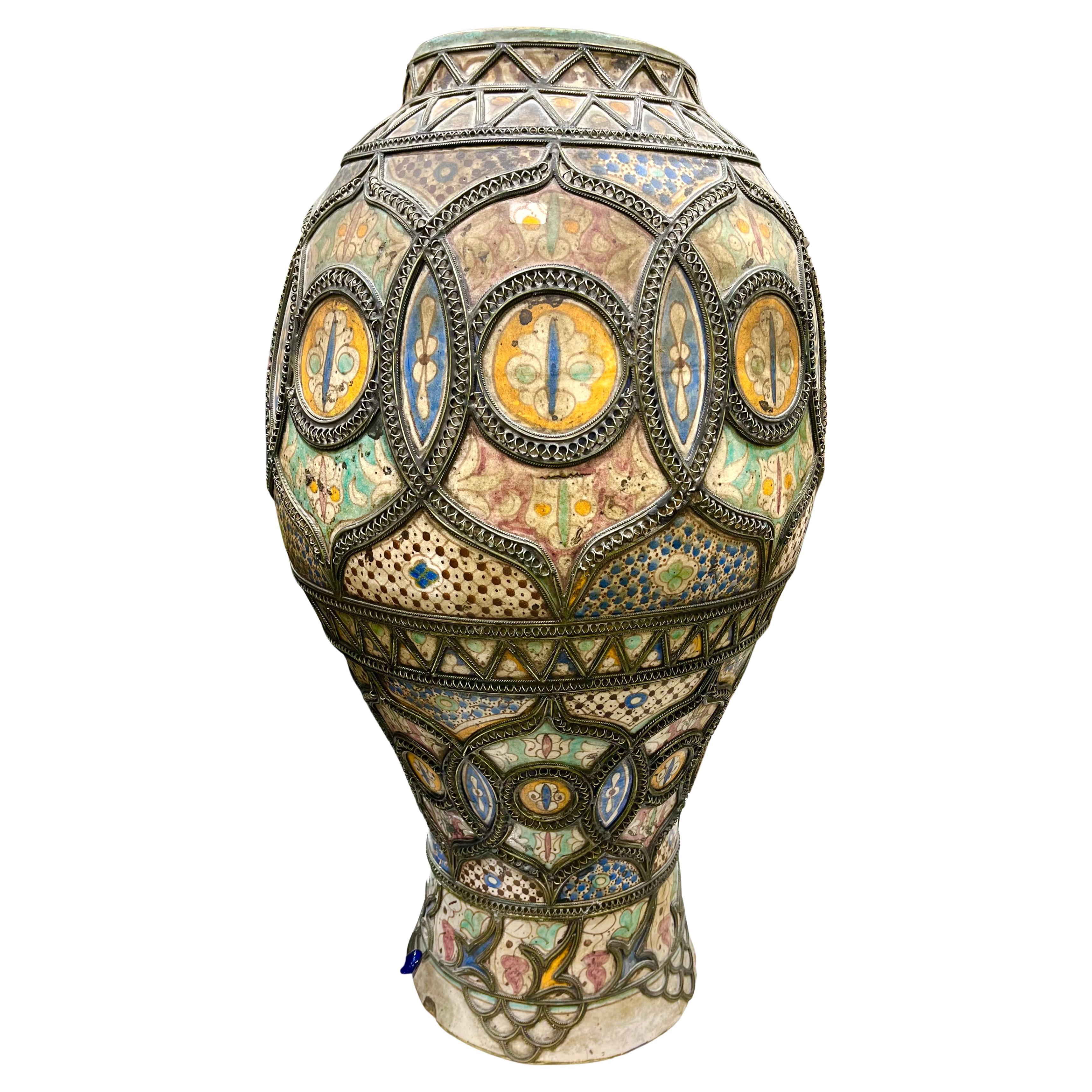 Moroccan Ceramic and Nickel Vase en vente