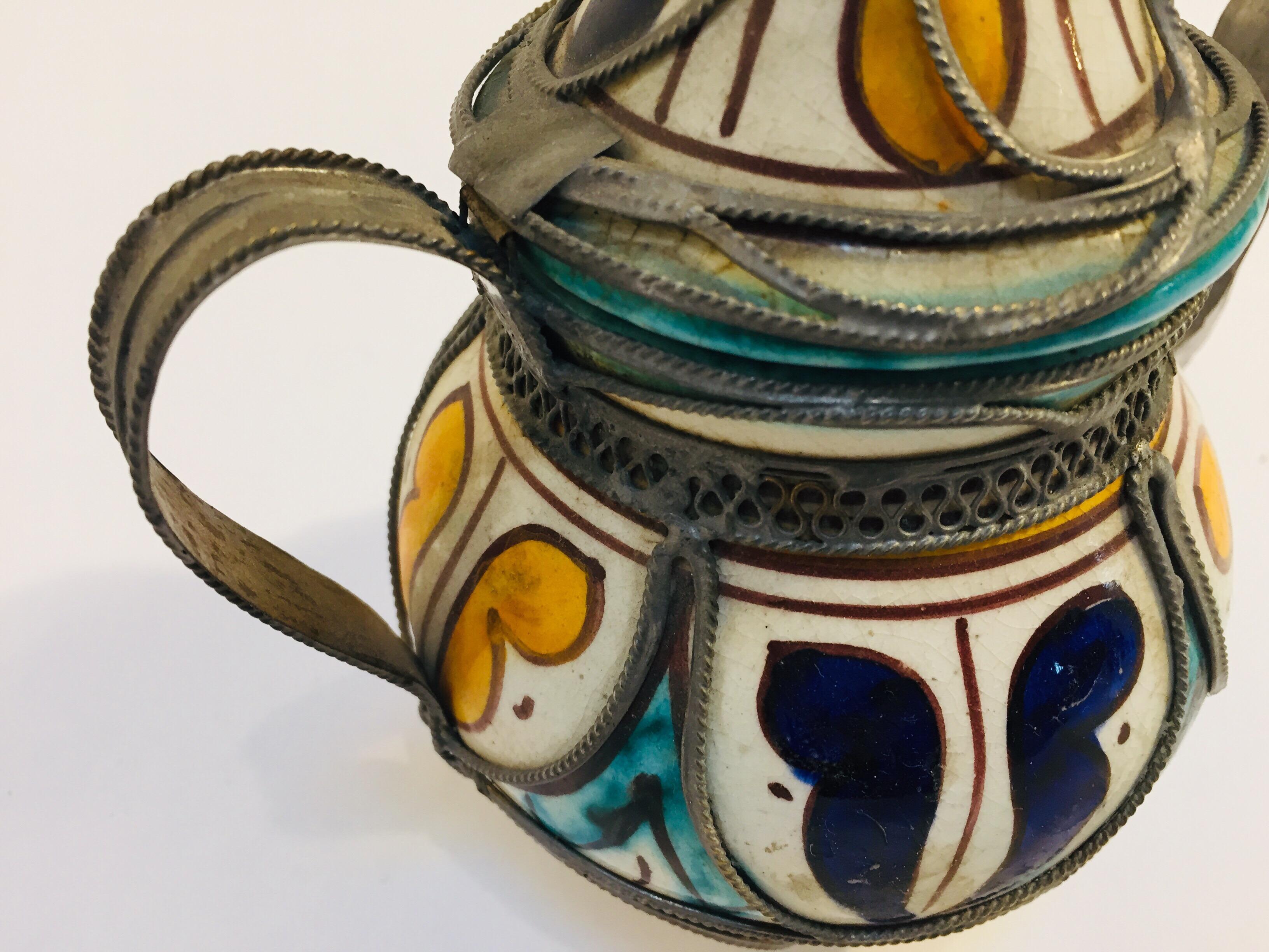 Moroccan Ceramic and Silver Filigree Decorative Tea Pot 1
