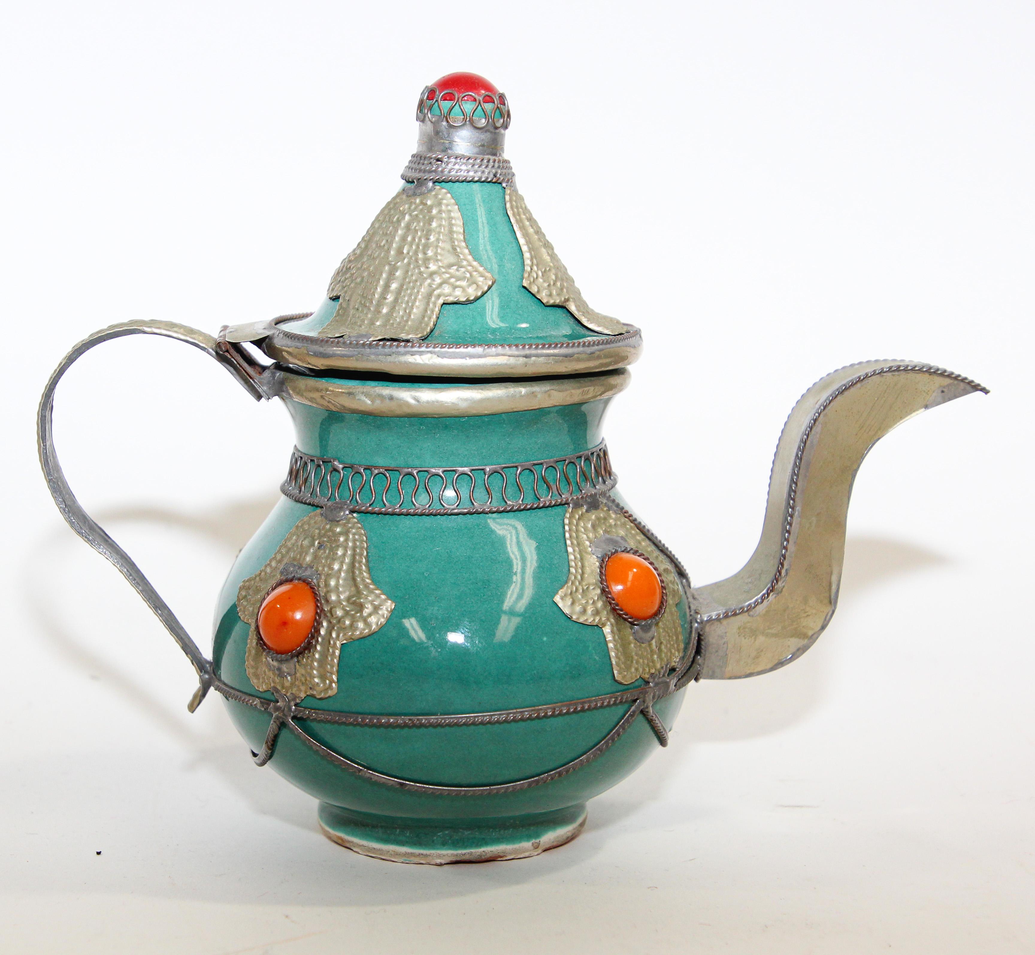 Hand-Painted Moroccan Ceramic and Silver Filigree Decorative Tea Pot