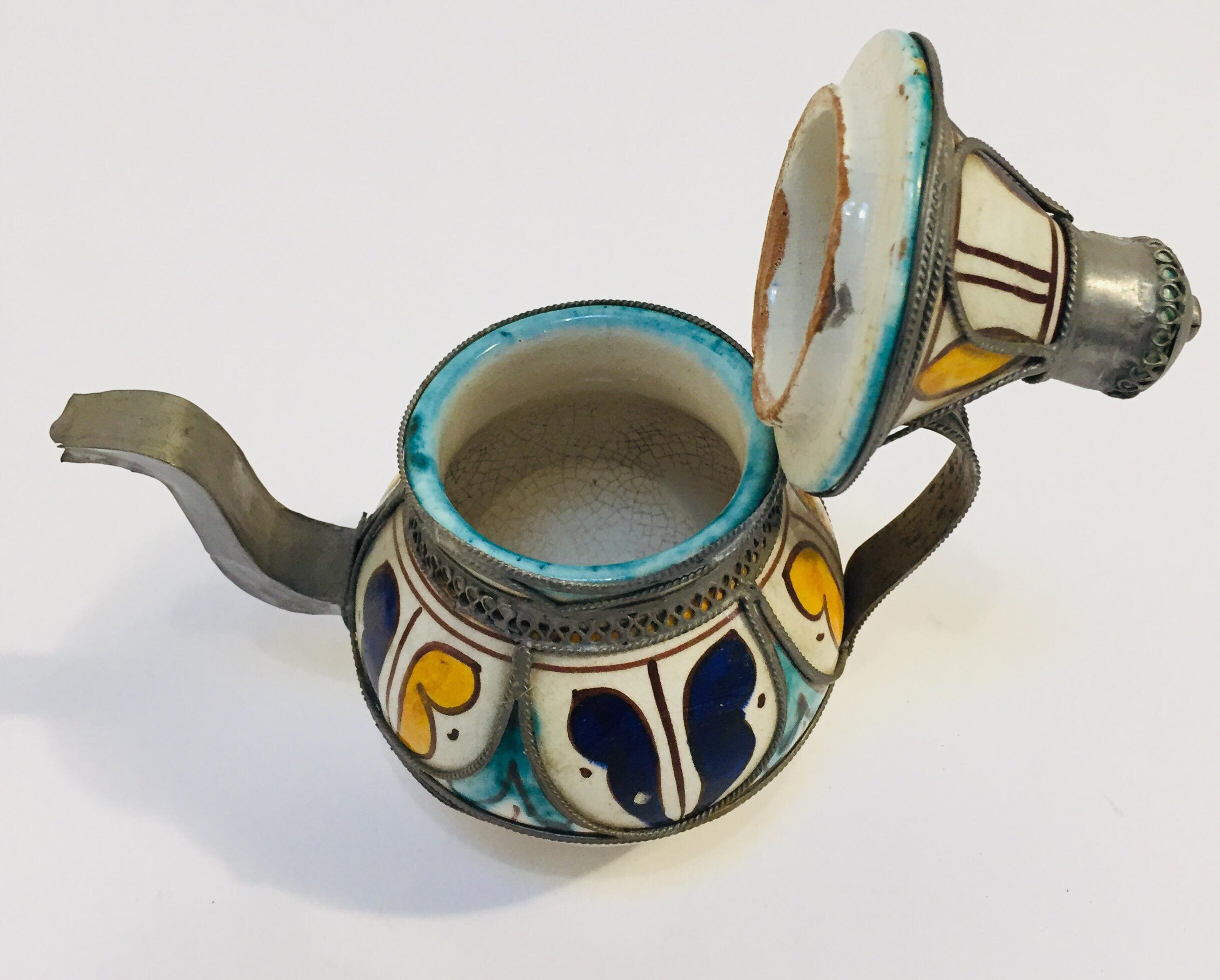 Moorish Moroccan Ceramic and Silver Filigree Decorative Tea Pot