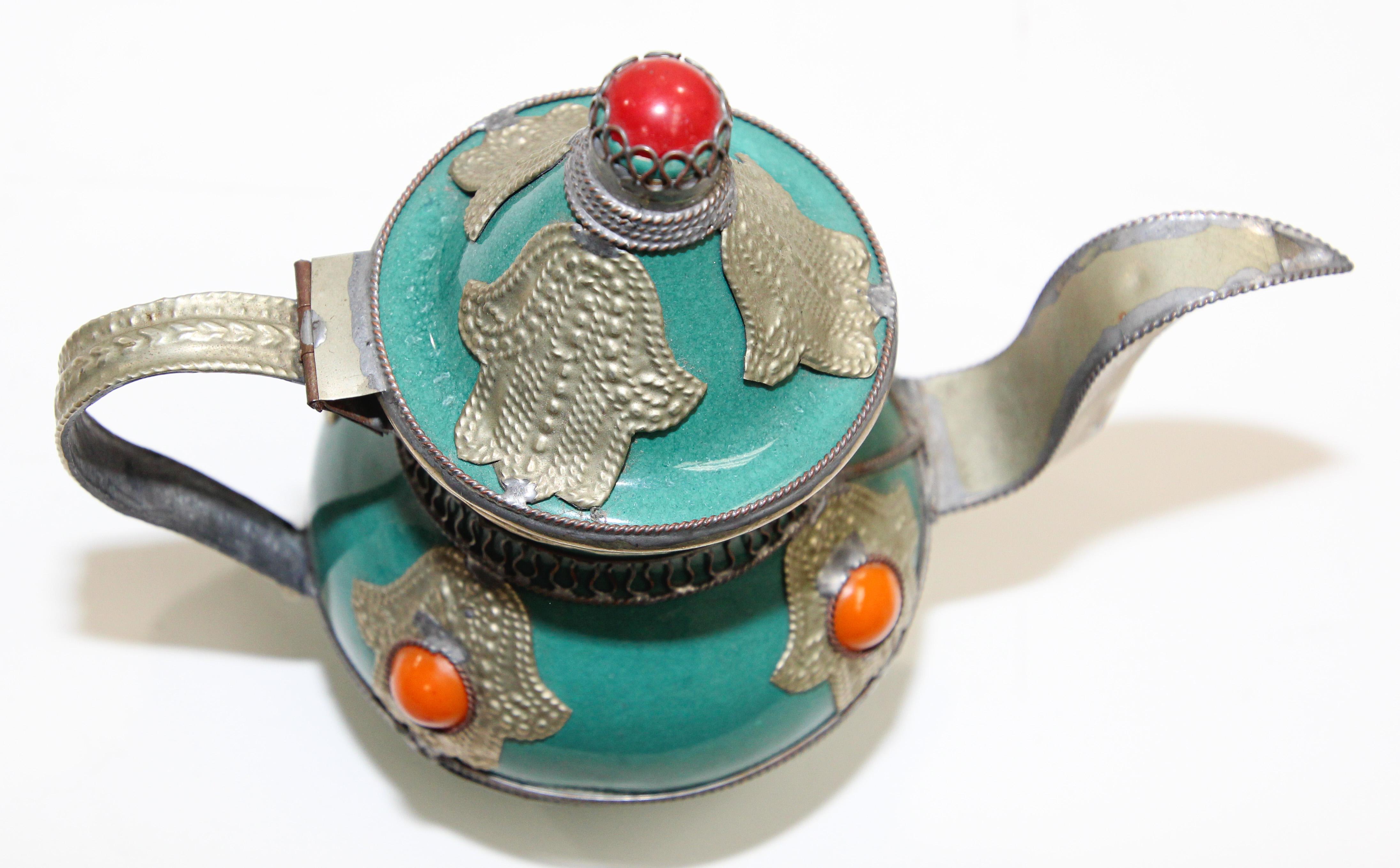 Metal Moroccan Ceramic and Silver Filigree Decorative Tea Pot