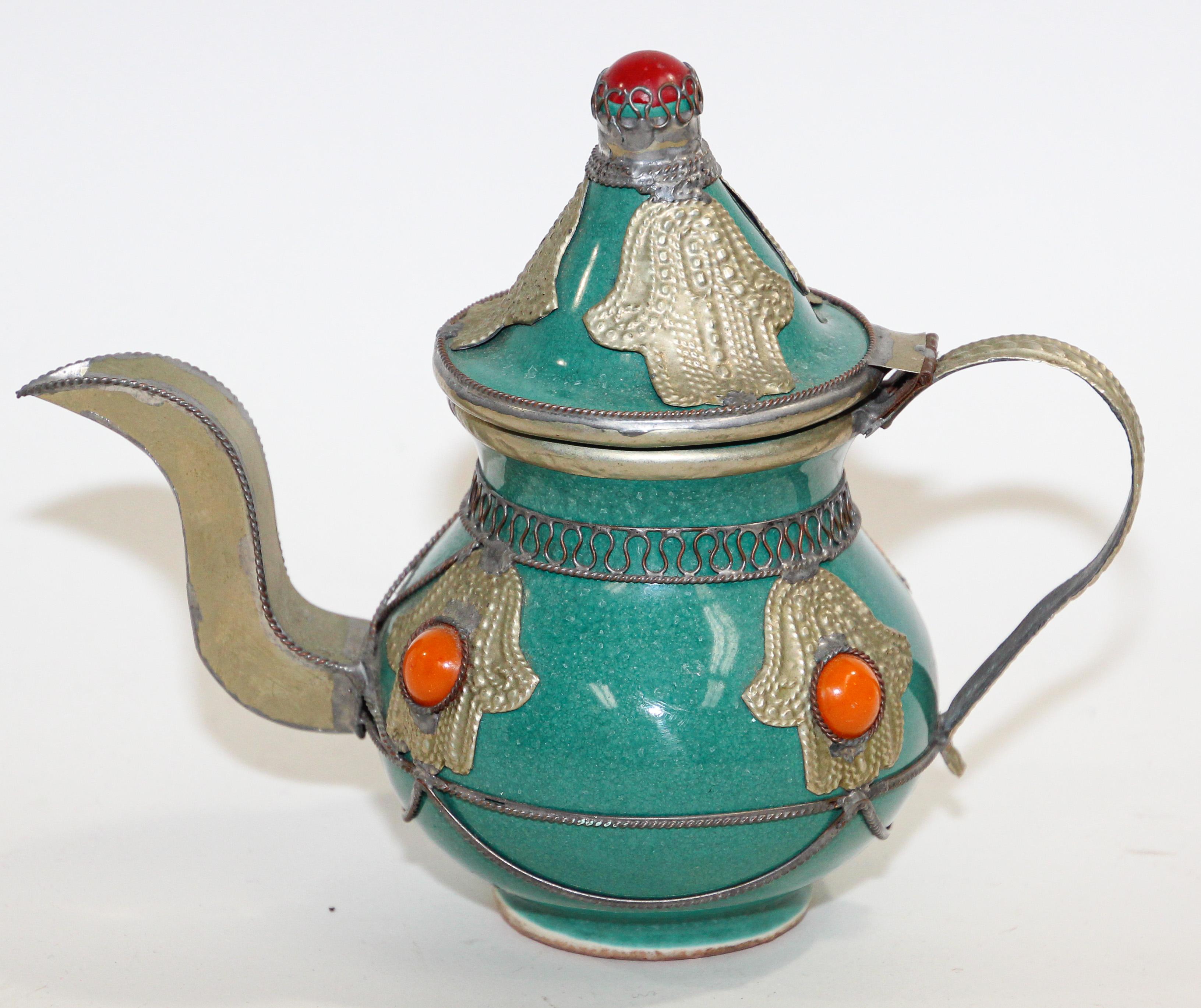 Moroccan Ceramic and Silver Filigree Decorative Tea Pot 1