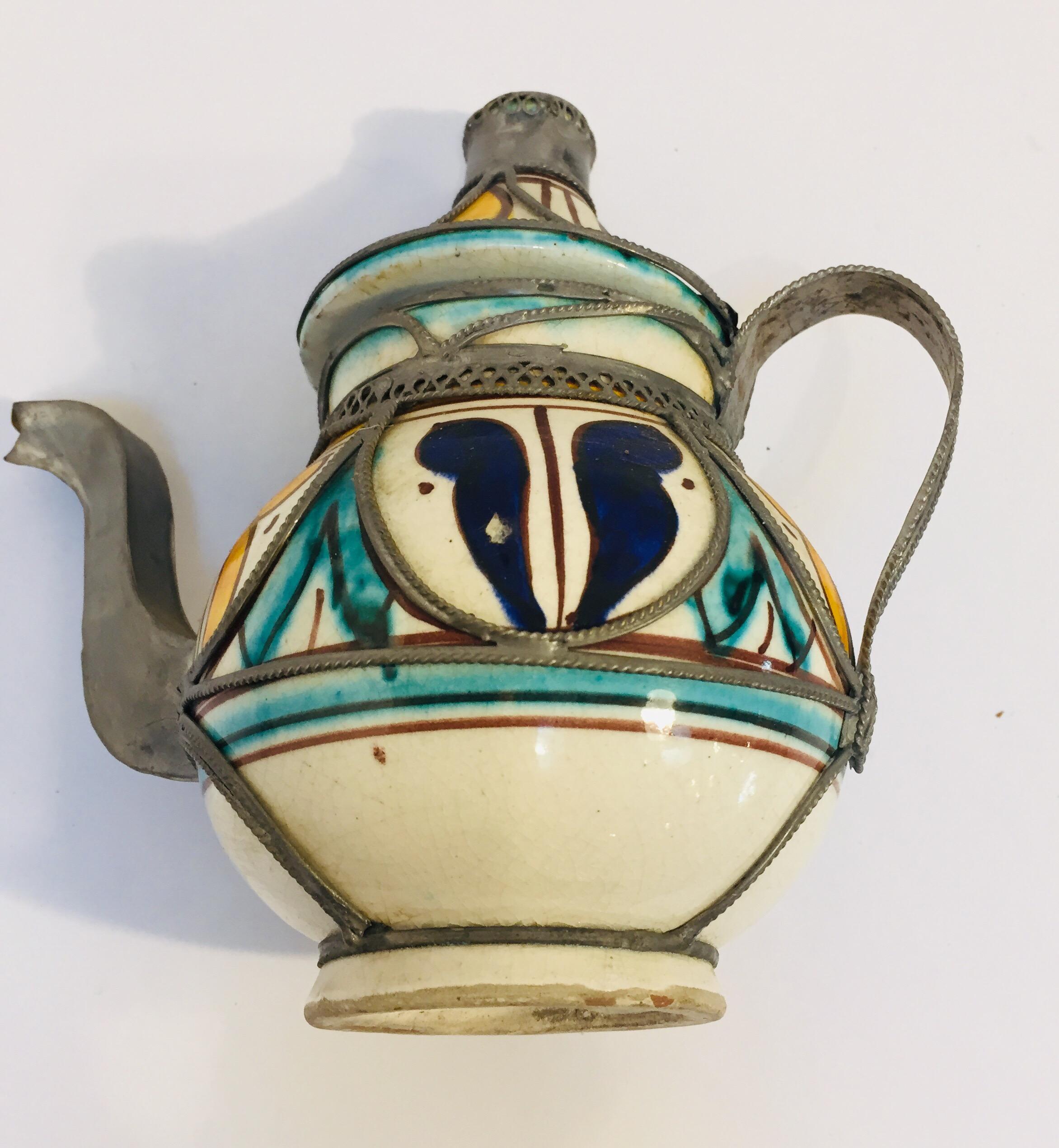 20th Century Moroccan Ceramic and Silver Filigree Decorative Tea Pot