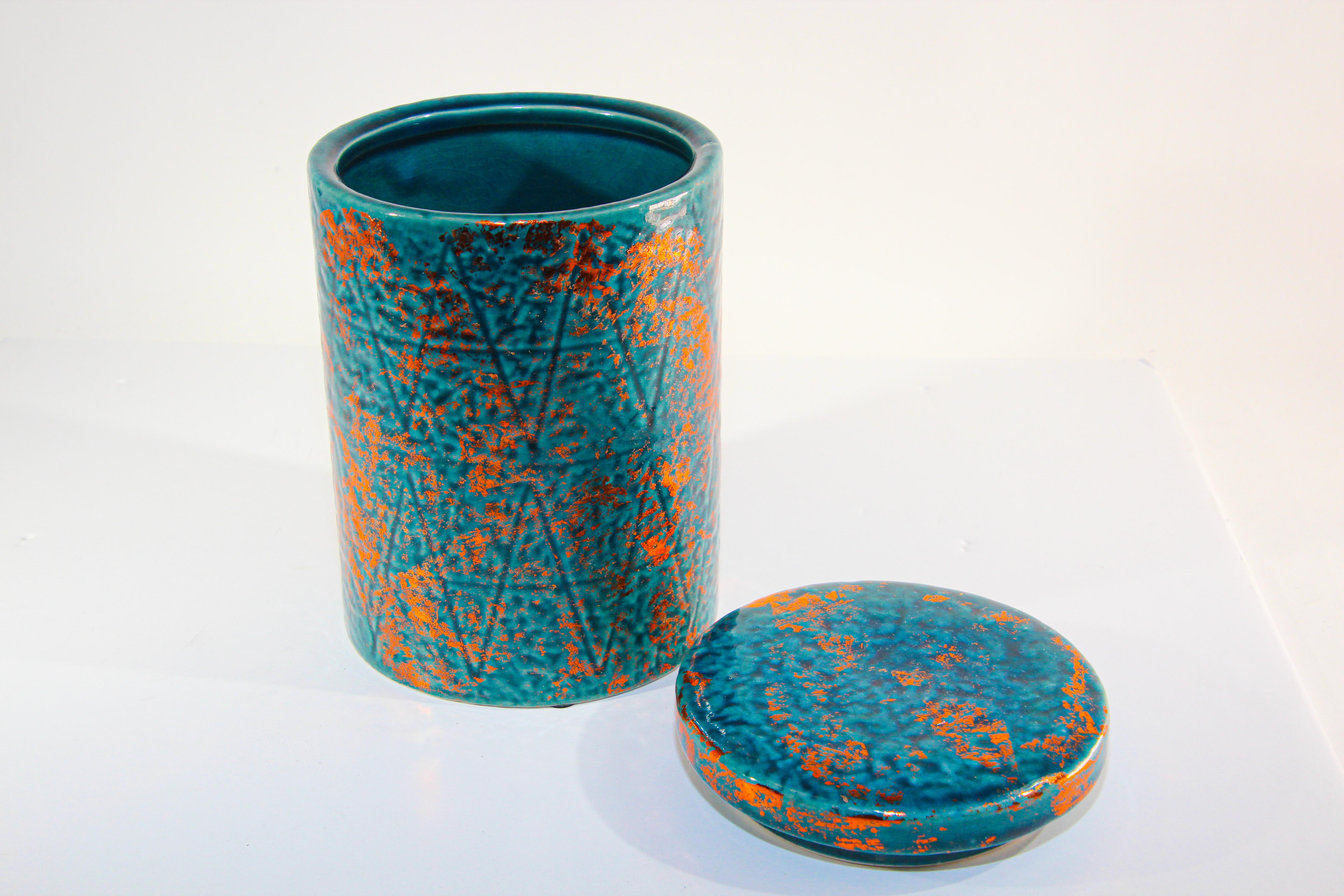 Bohemian Moroccan Ceramic Blue and Copper Urn with Lid For Sale