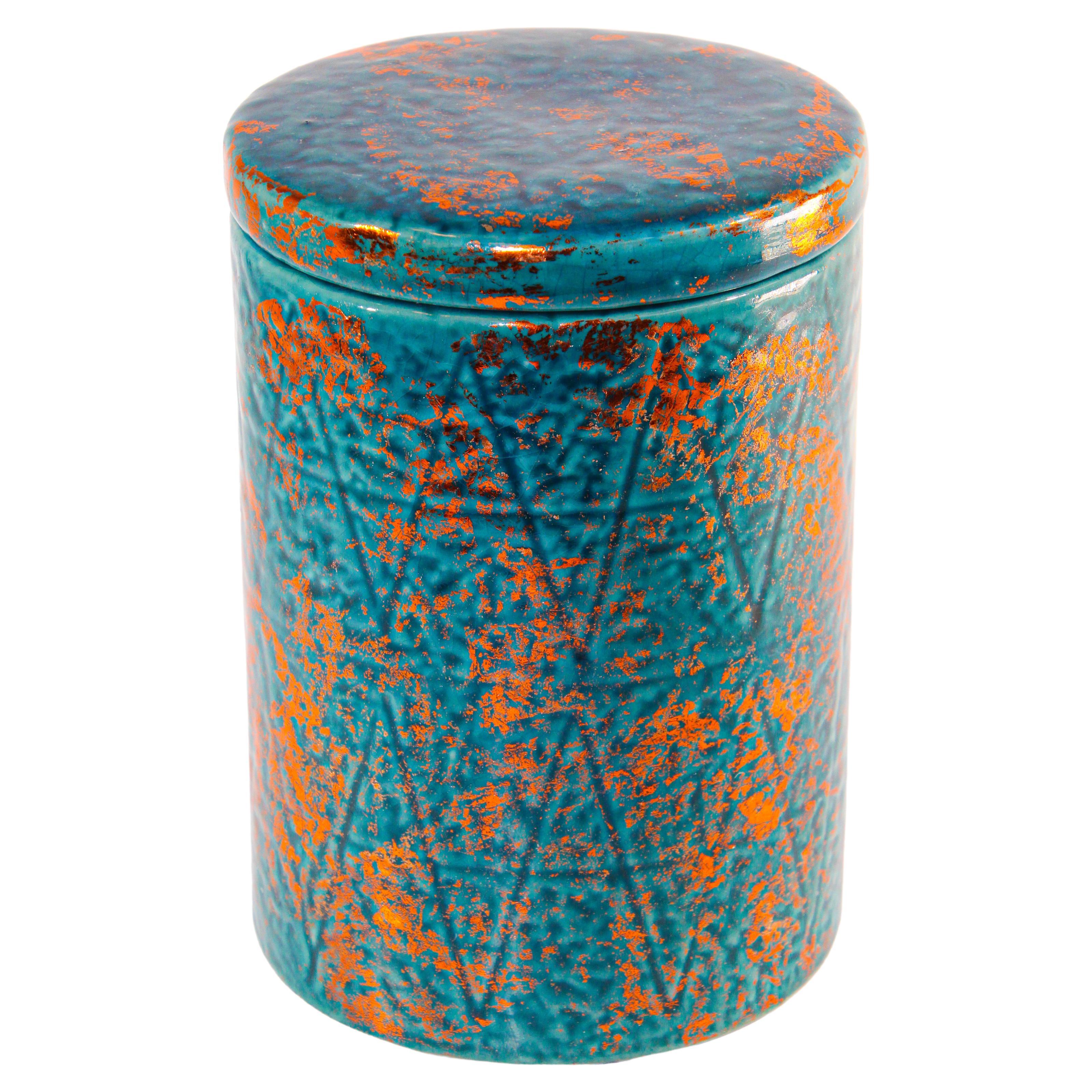 Moroccan Ceramic Blue and Copper Urn with Lid For Sale