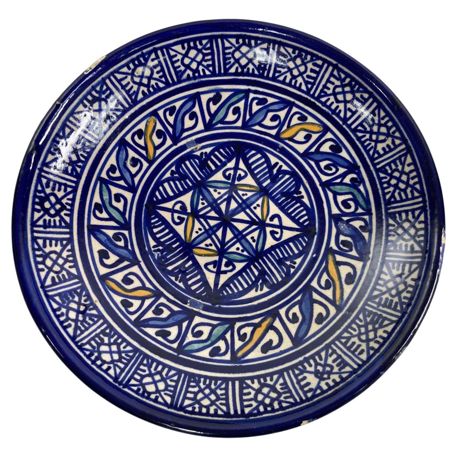 Moroccan Ceramic Blue Plate, Fez, 1920's For Sale