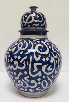 Moroccan Ceramic Blue Urn from Fez with Arabic Calligraphy Lettrism Writing