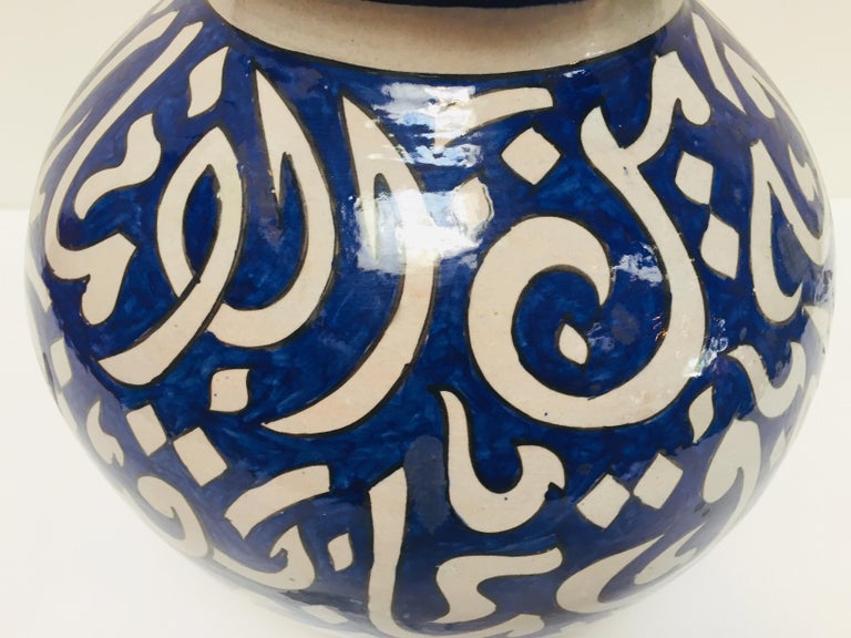 Moroccan Ceramic Blue Urn from Fez with Arabic Calligraphy Lettrism