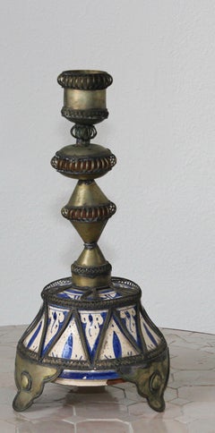 Moroccan Ceramic Candles Holder from Fez with Silver Filigree