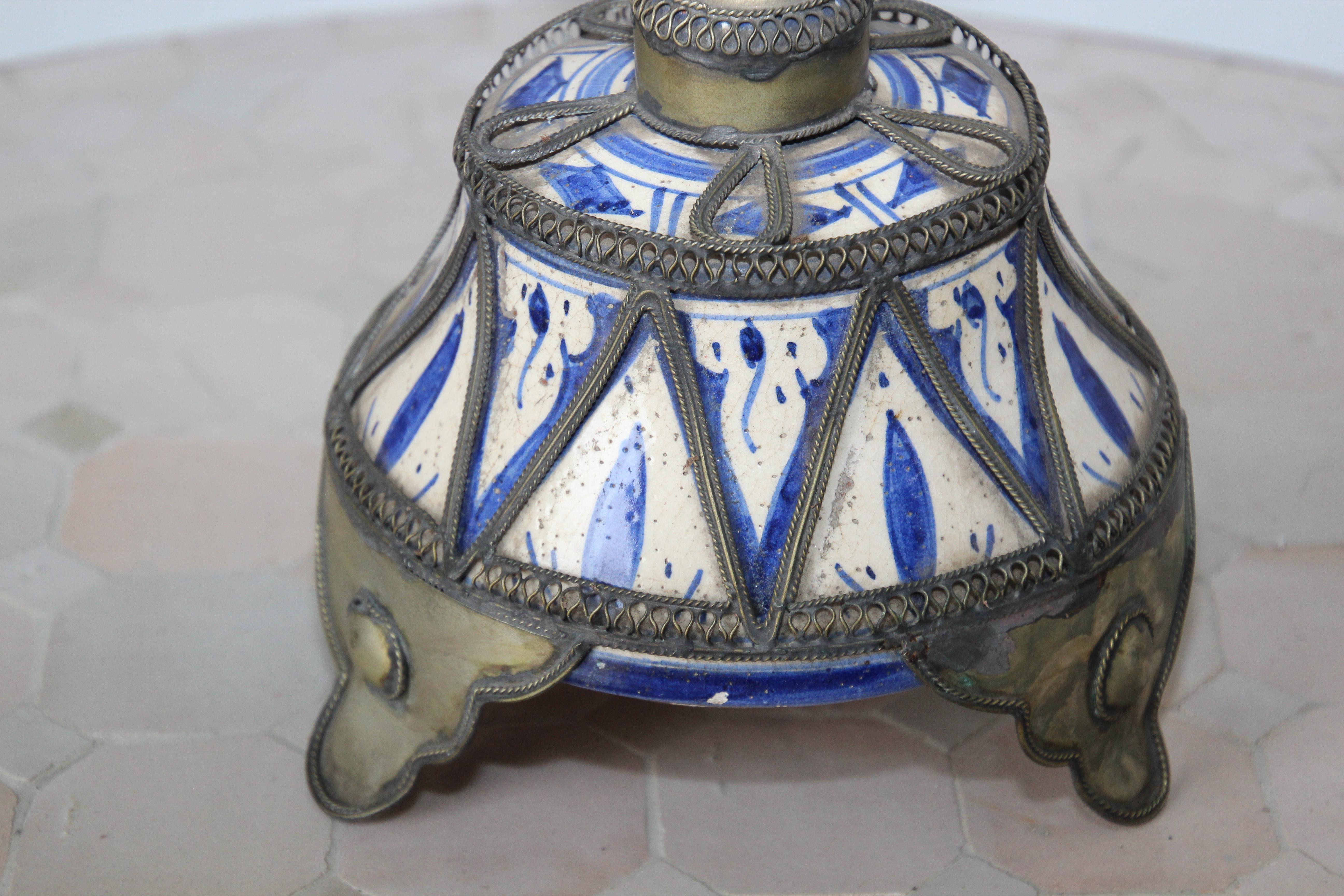 Moroccan Ceramic Candles Holder from Fez with Silver Filigree In Good Condition In North Hollywood, CA