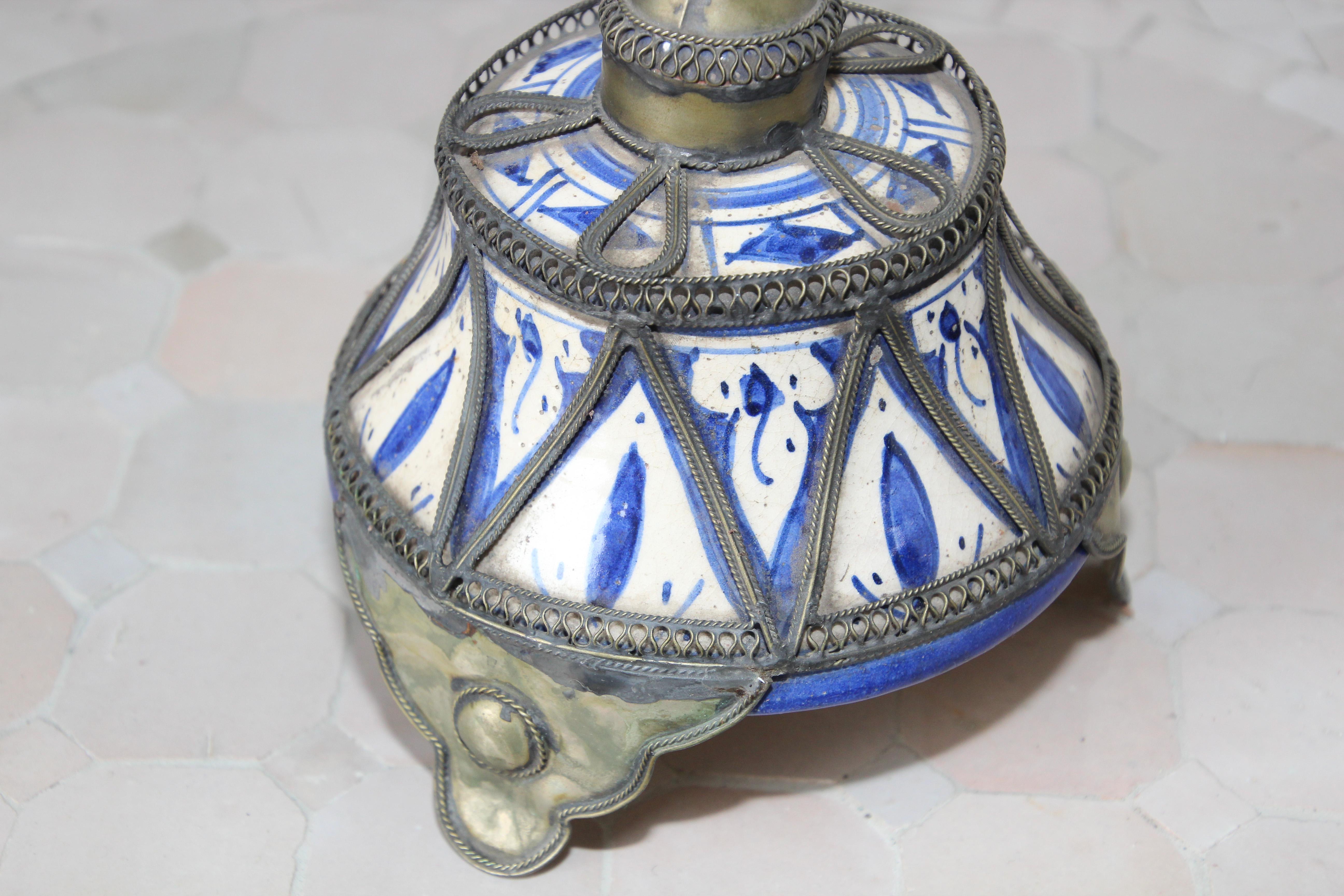 20th Century Moroccan Ceramic Candles Holder from Fez with Silver Filigree