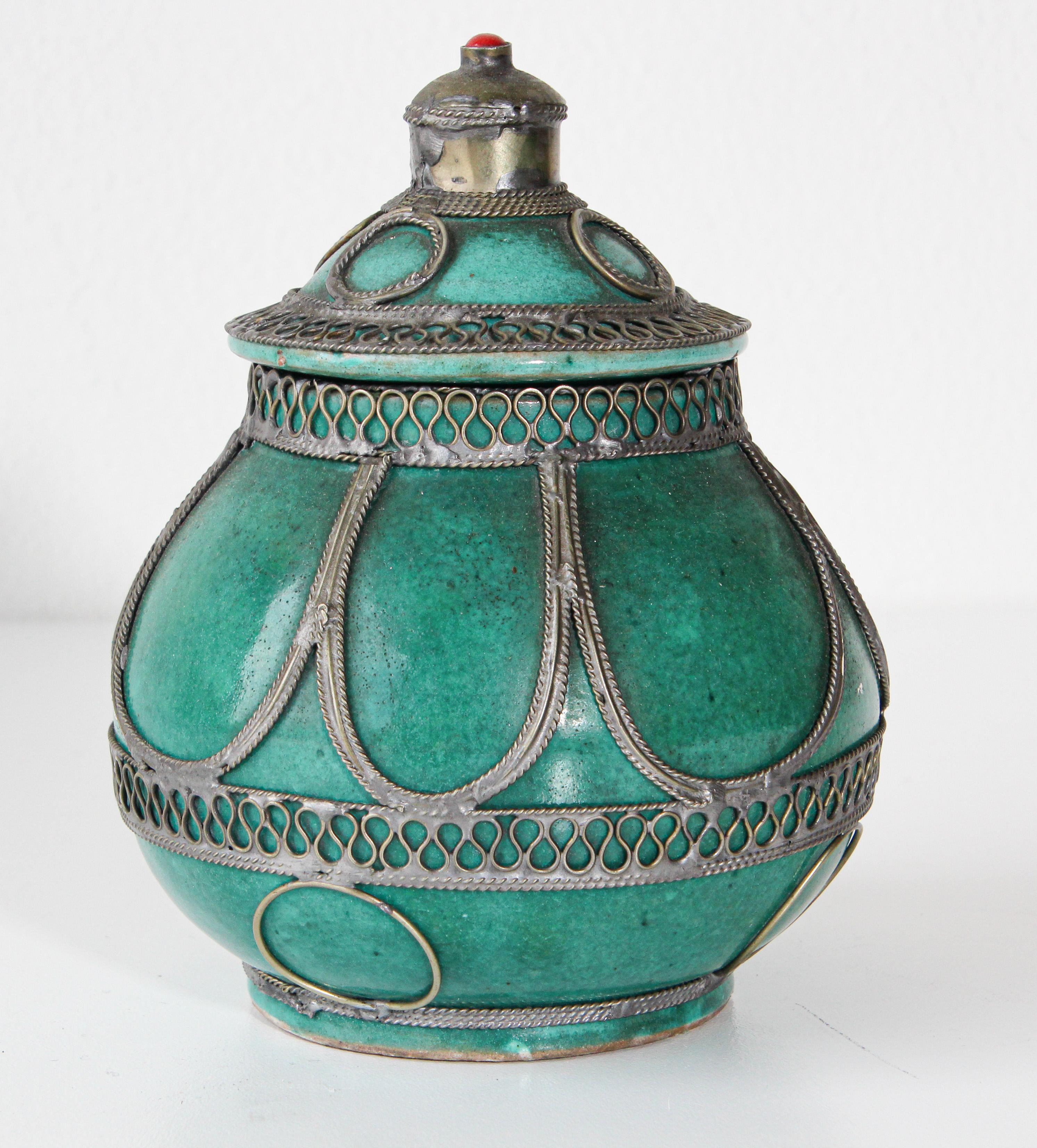 Moorish Moroccan Ceramic Covered Urn with Silver Filigree