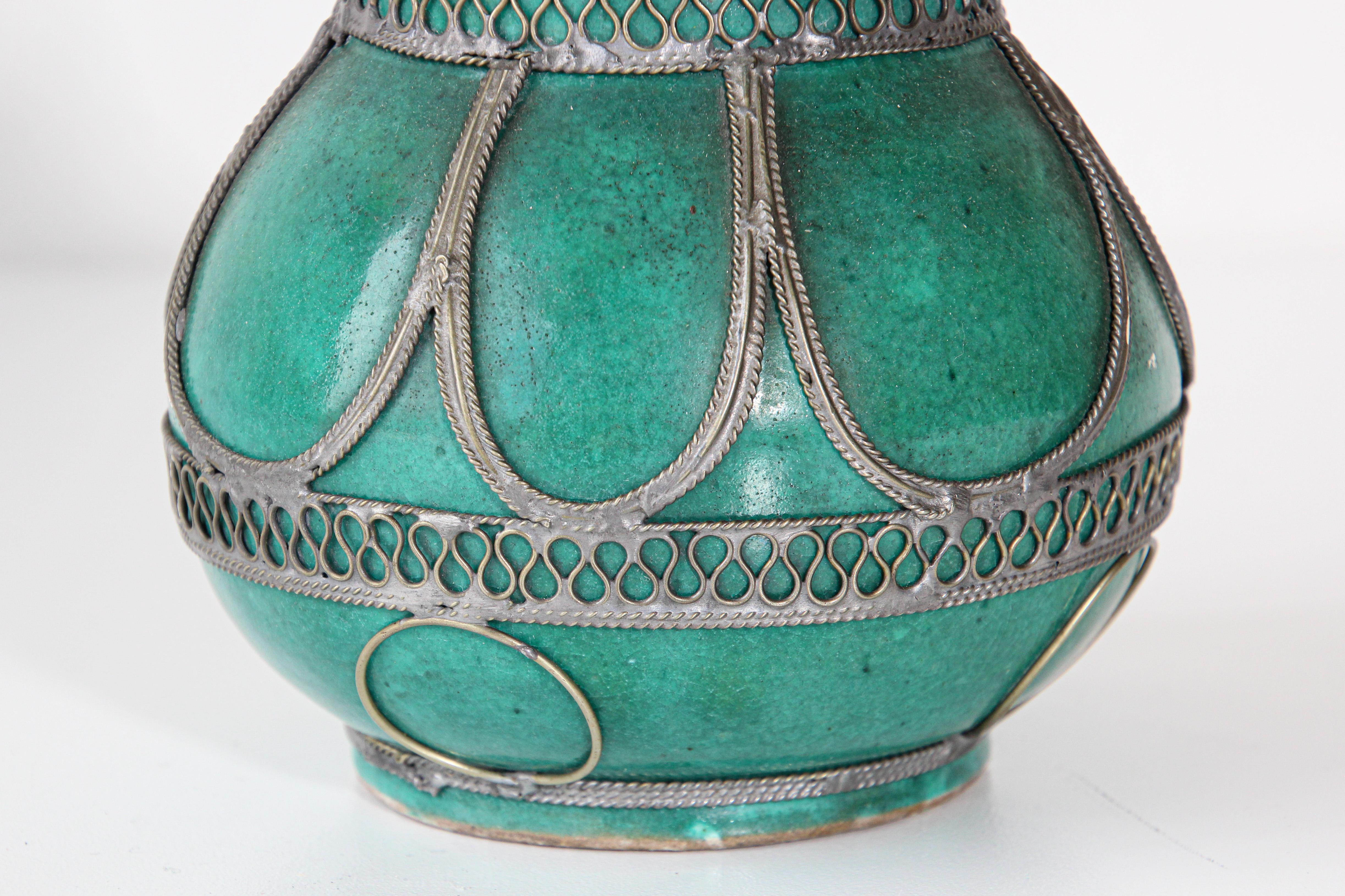 Hand-Crafted Moroccan Ceramic Covered Urn with Silver Filigree