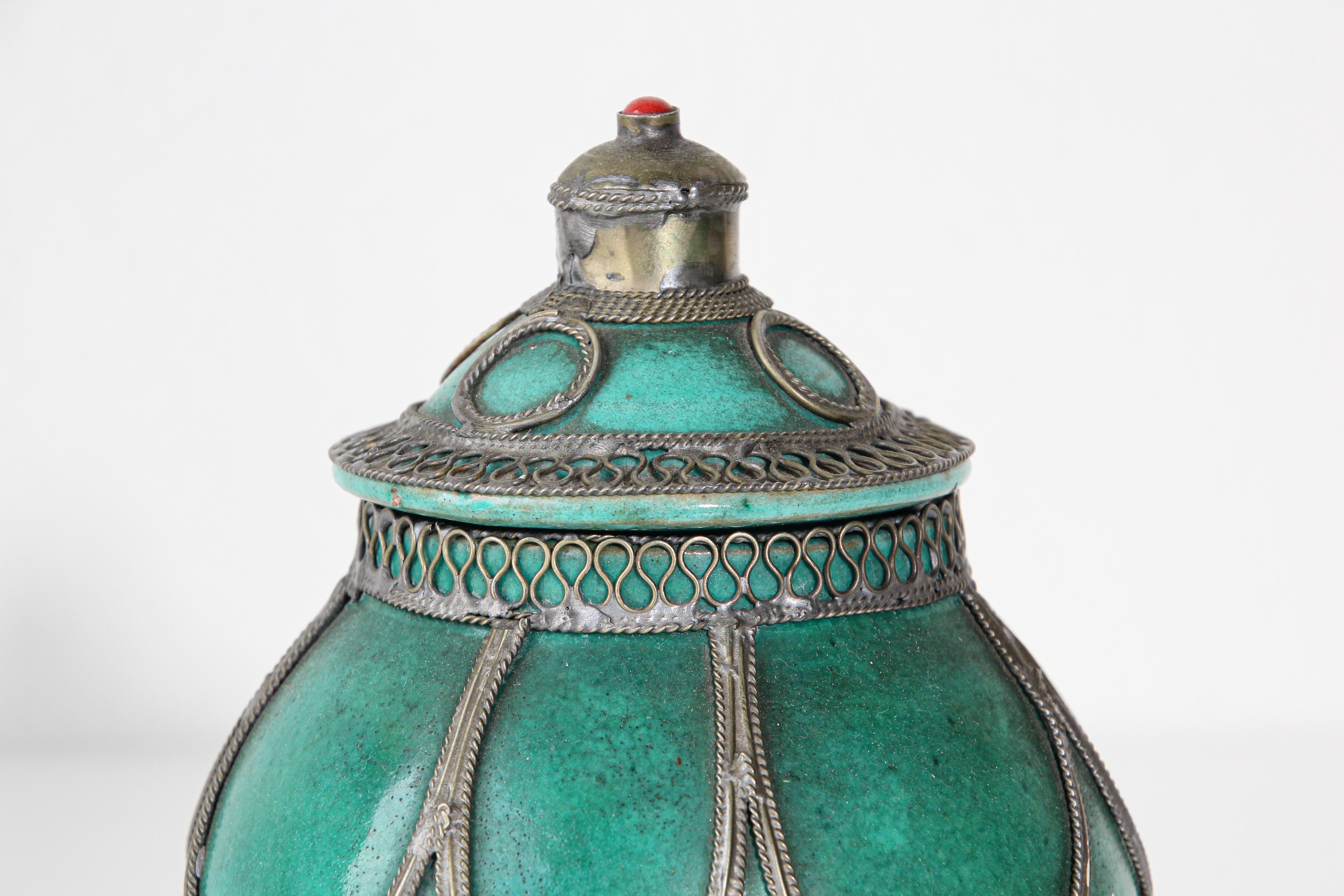 Moroccan Ceramic Covered Urn with Silver Filigree In Fair Condition In North Hollywood, CA