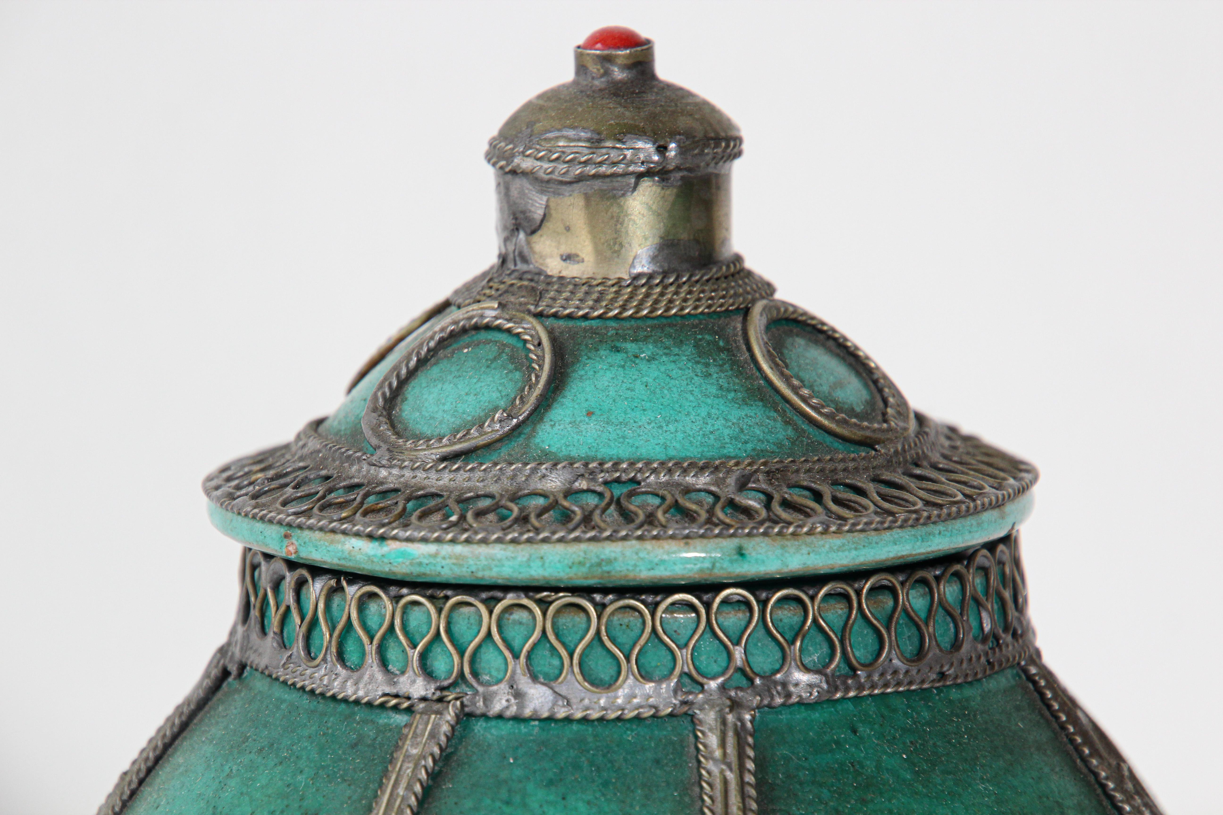 20th Century Moroccan Ceramic Covered Urn with Silver Filigree