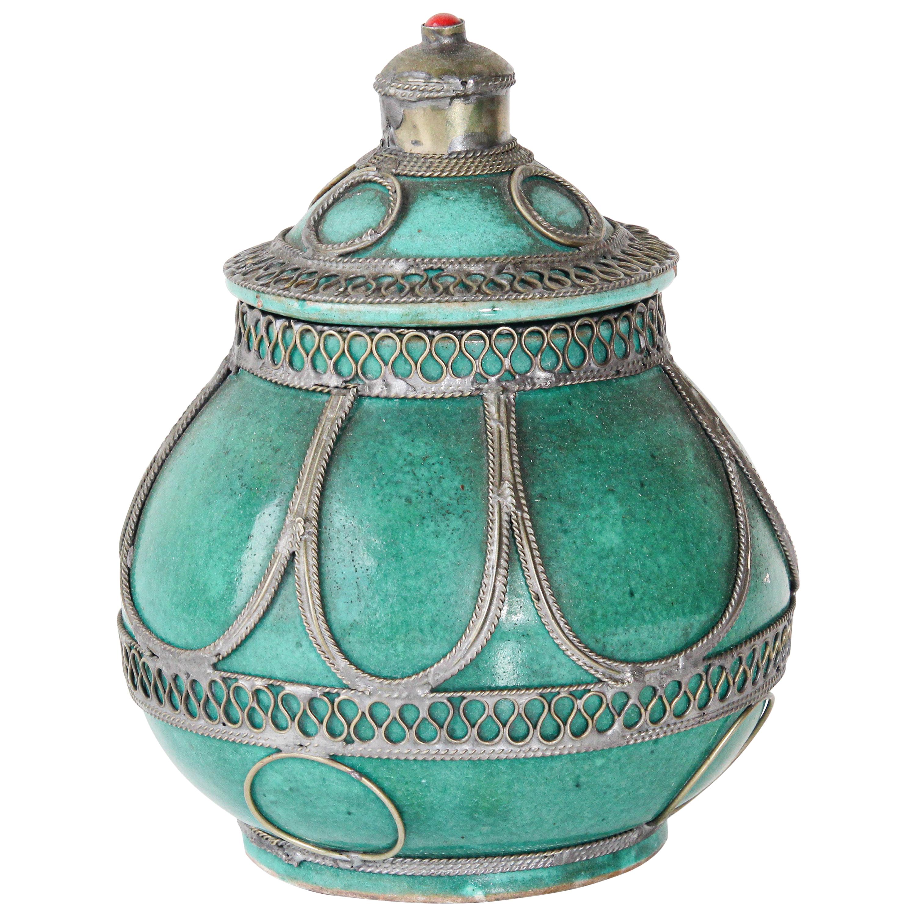 Moroccan Ceramic Covered Urn with Silver Filigree