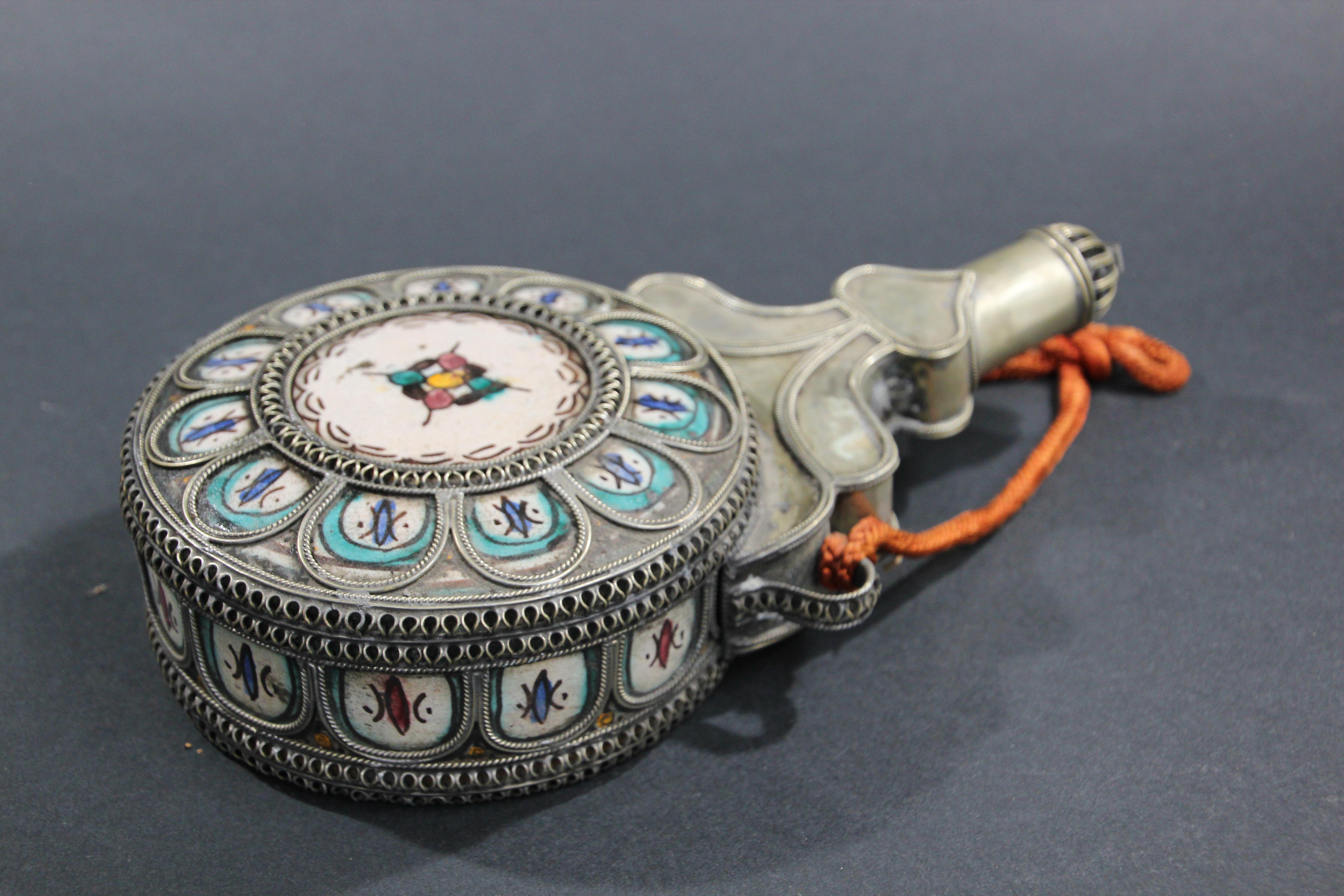 Moroccan Ceramic Flask Bottle from Fez with Silvered Filigree For Sale 11