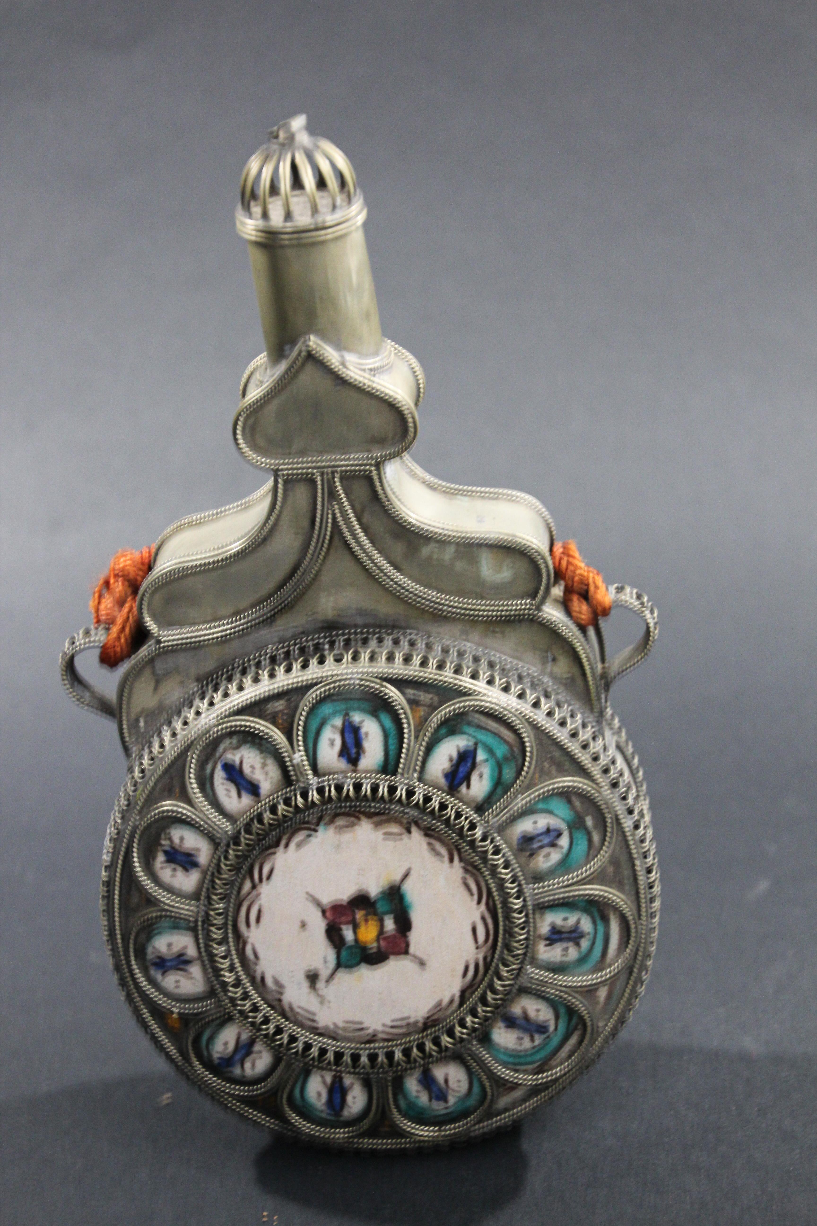 20th Century Moroccan Ceramic Flask Bottle from Fez with Silvered Filigree For Sale