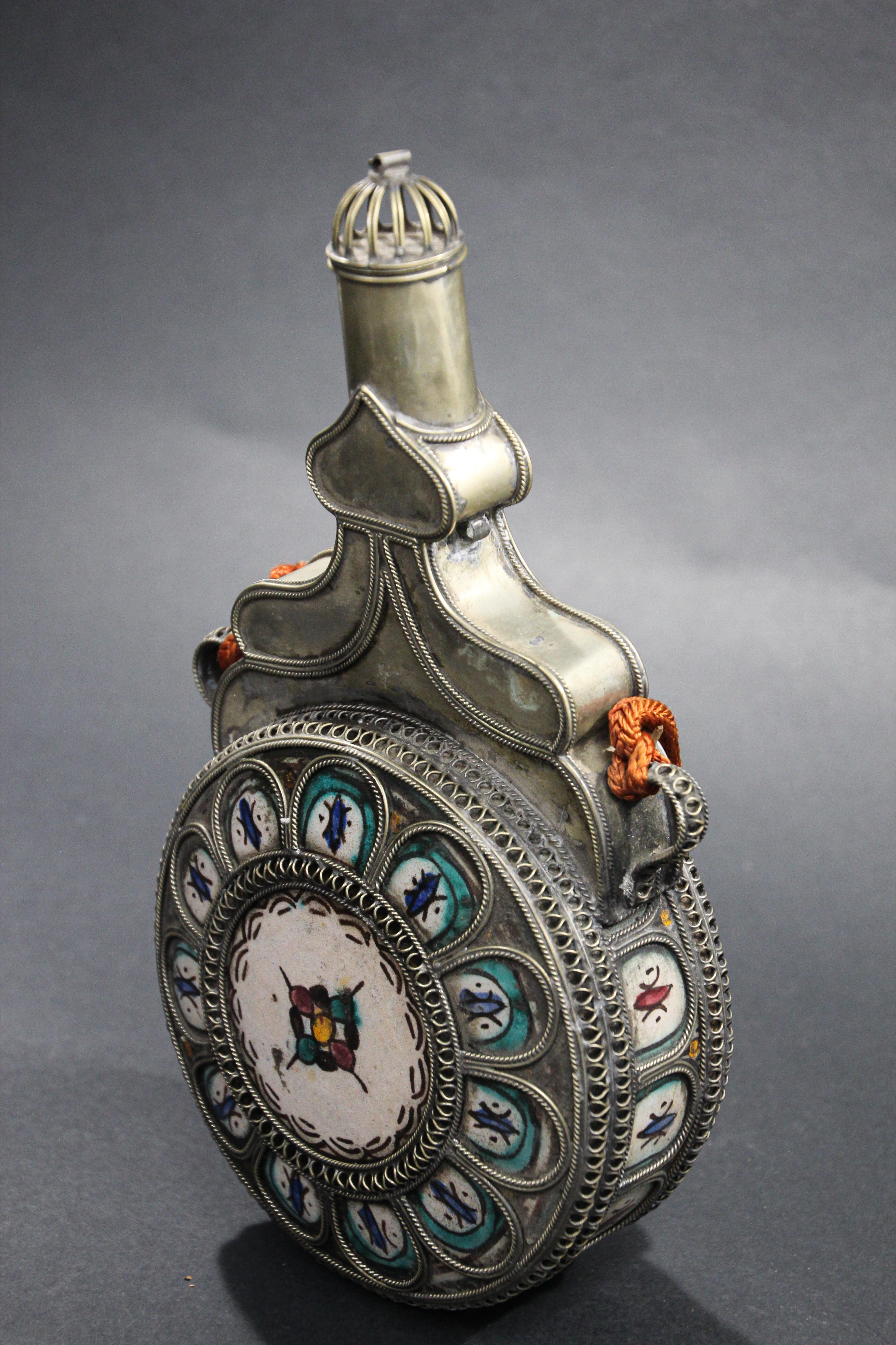 Moroccan Ceramic Flask Bottle from Fez with Silvered Filigree For Sale 1