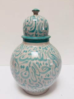 Moroccan Ceramic Lidded Urn from Fez with Arabic Calligraphy Lettrism Writing