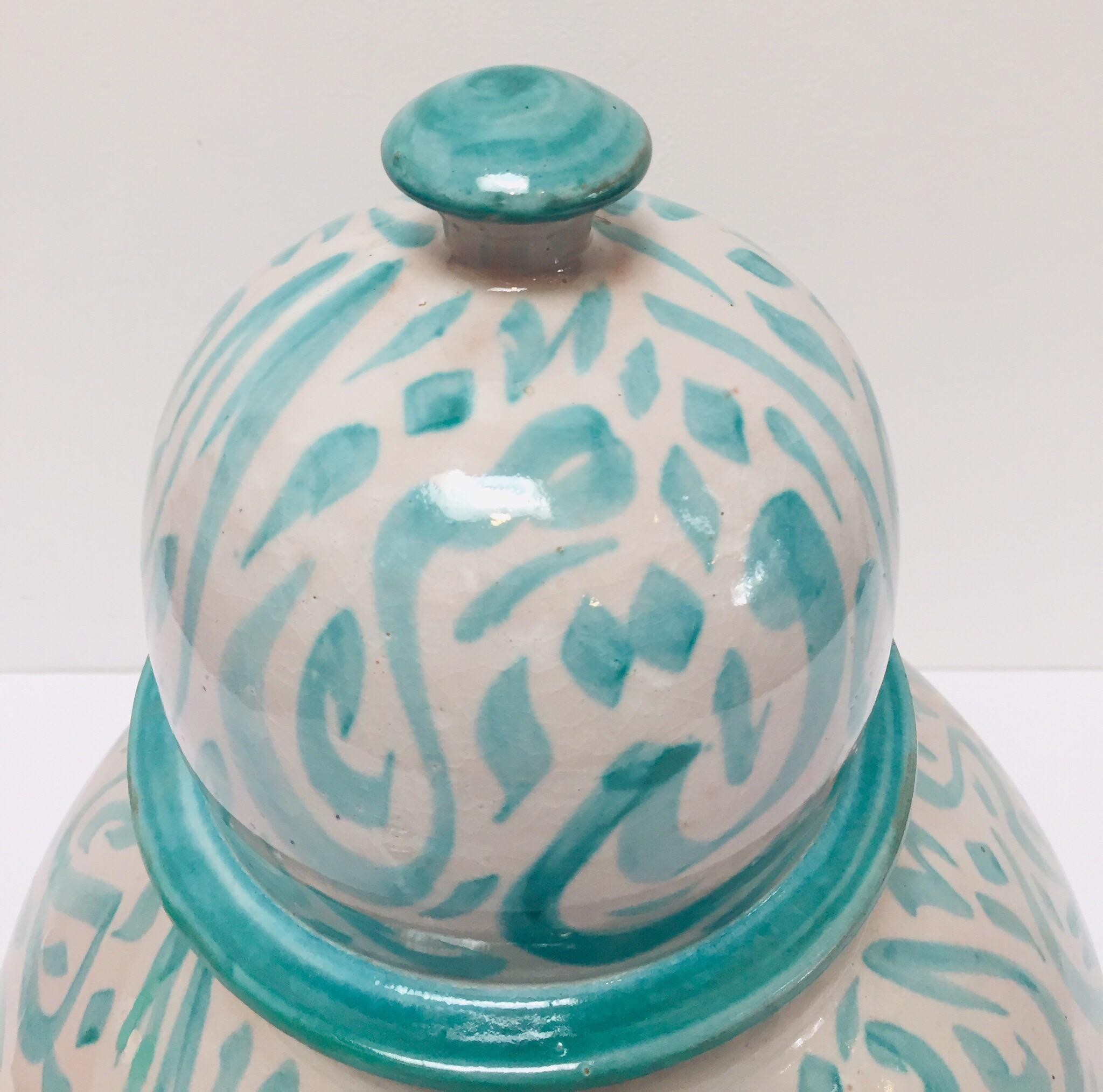 Moroccan Ceramic Lidded Urn from Fez with Arabic Calligraphy Lettrism Writing 2