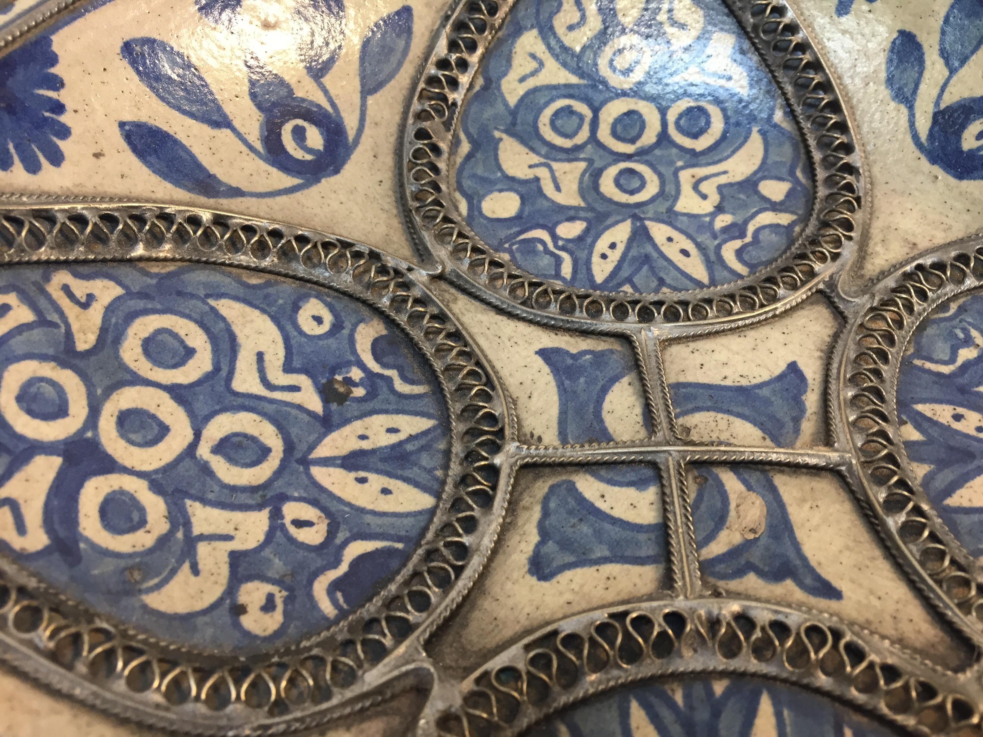 Moroccan Ceramic Plate Adorned with Silver Filigree from Fez 4