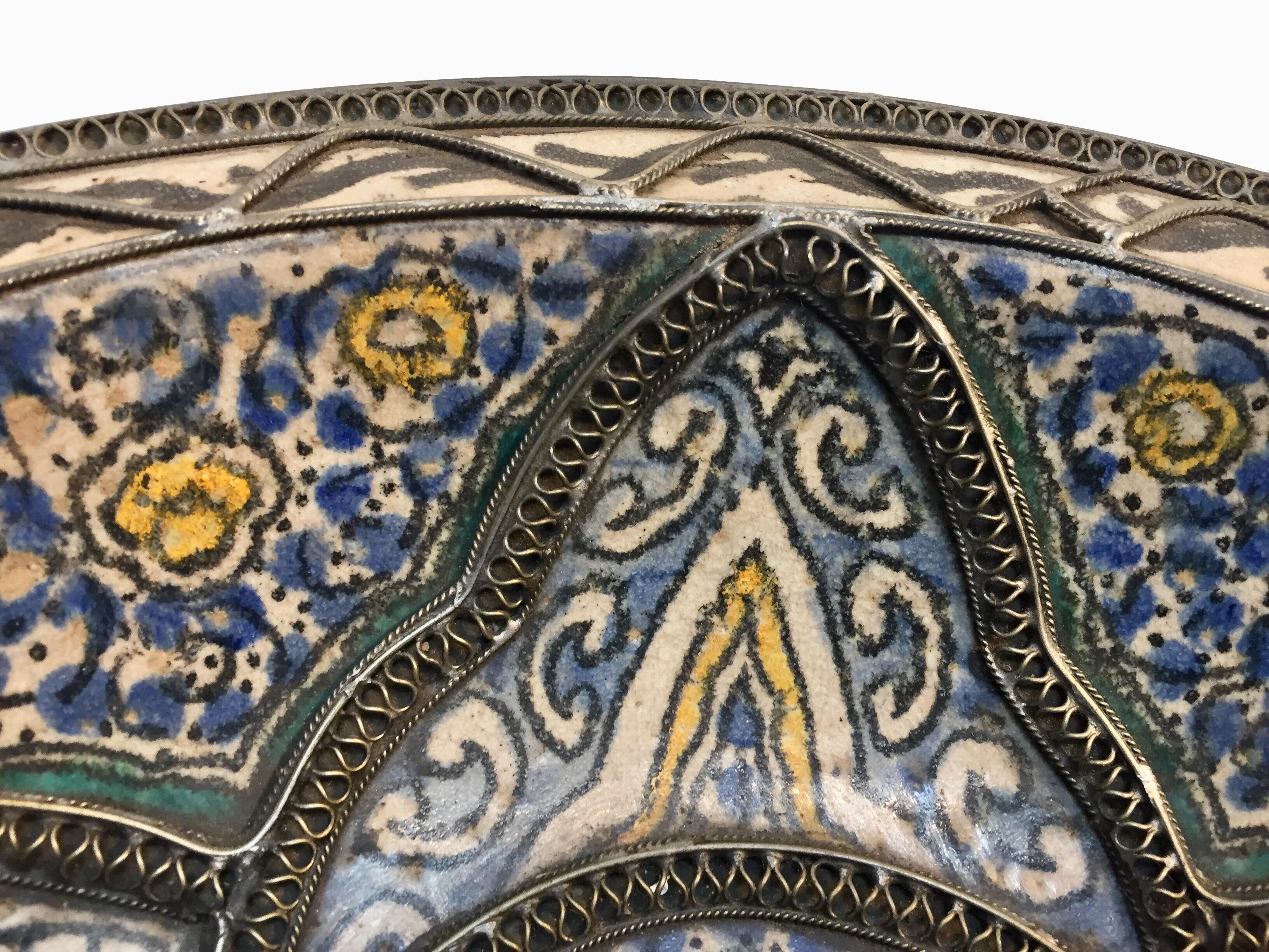 Moorish Ceramic Bowl Adorned with Silver Filigree from Fez Morocco 7