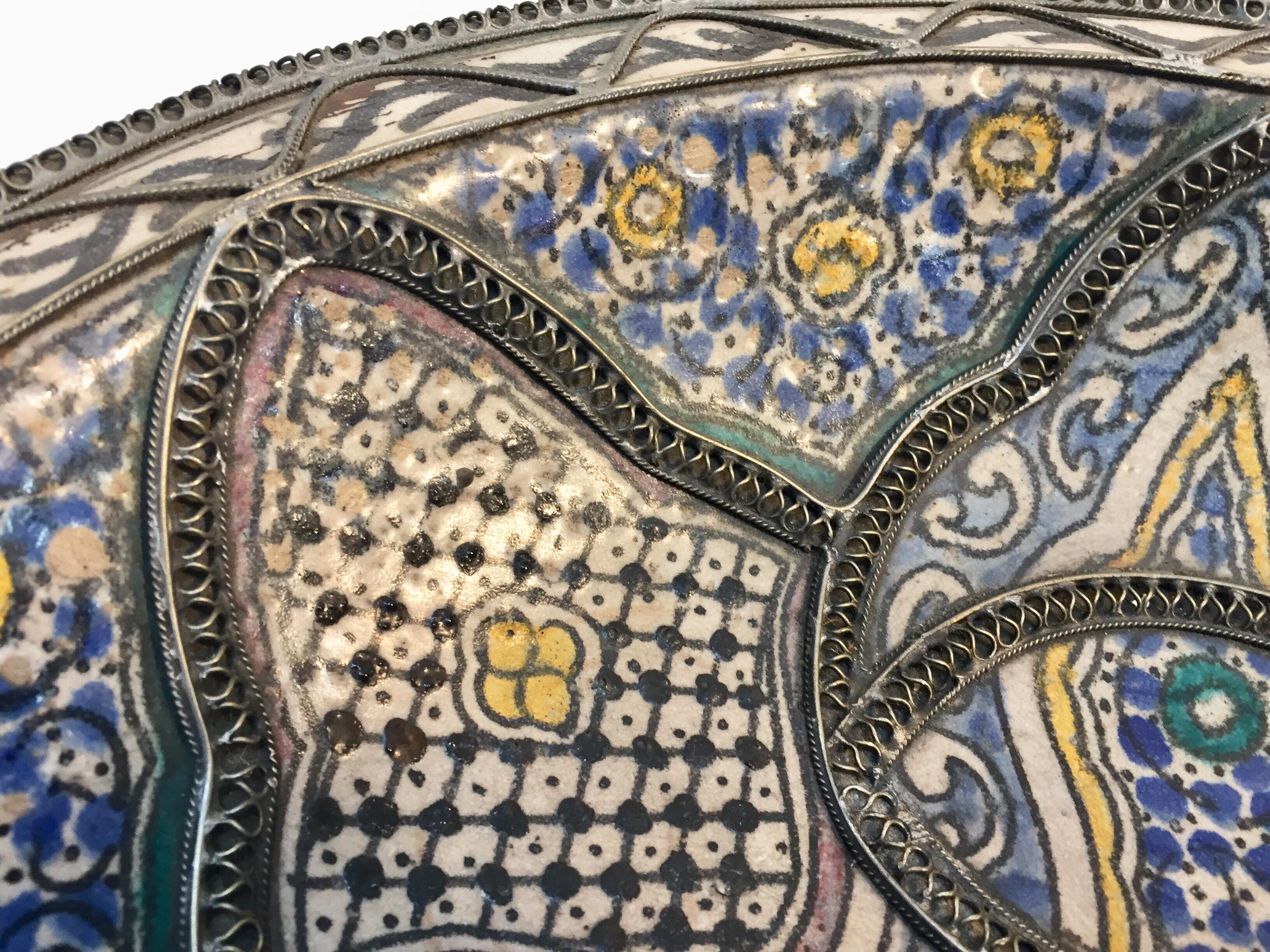 Moorish Ceramic Bowl Adorned with Silver Filigree from Fez Morocco 10