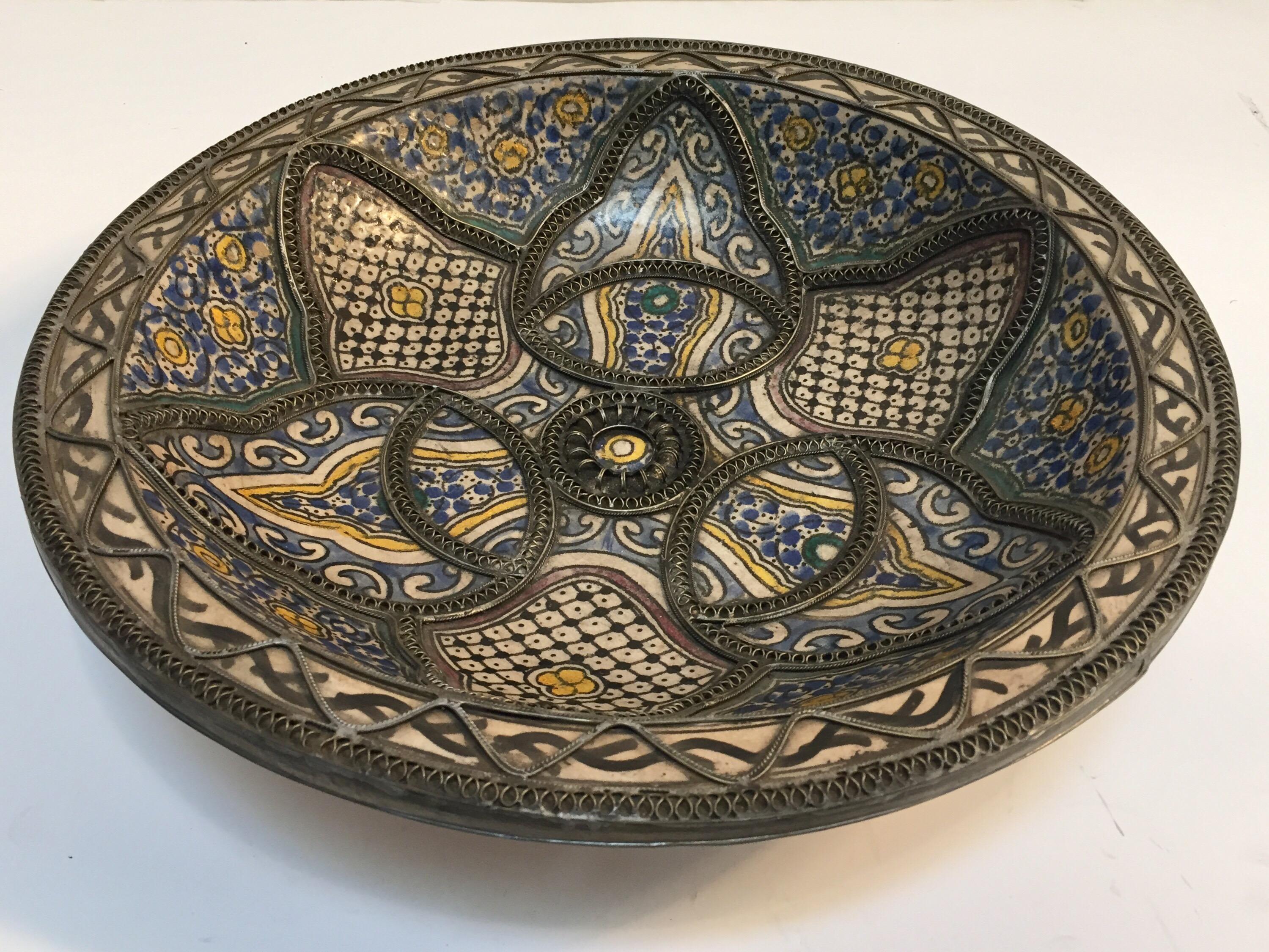 Moroccan Moorish Ceramic Bowl Adorned with Silver Filigree from Fez Morocco