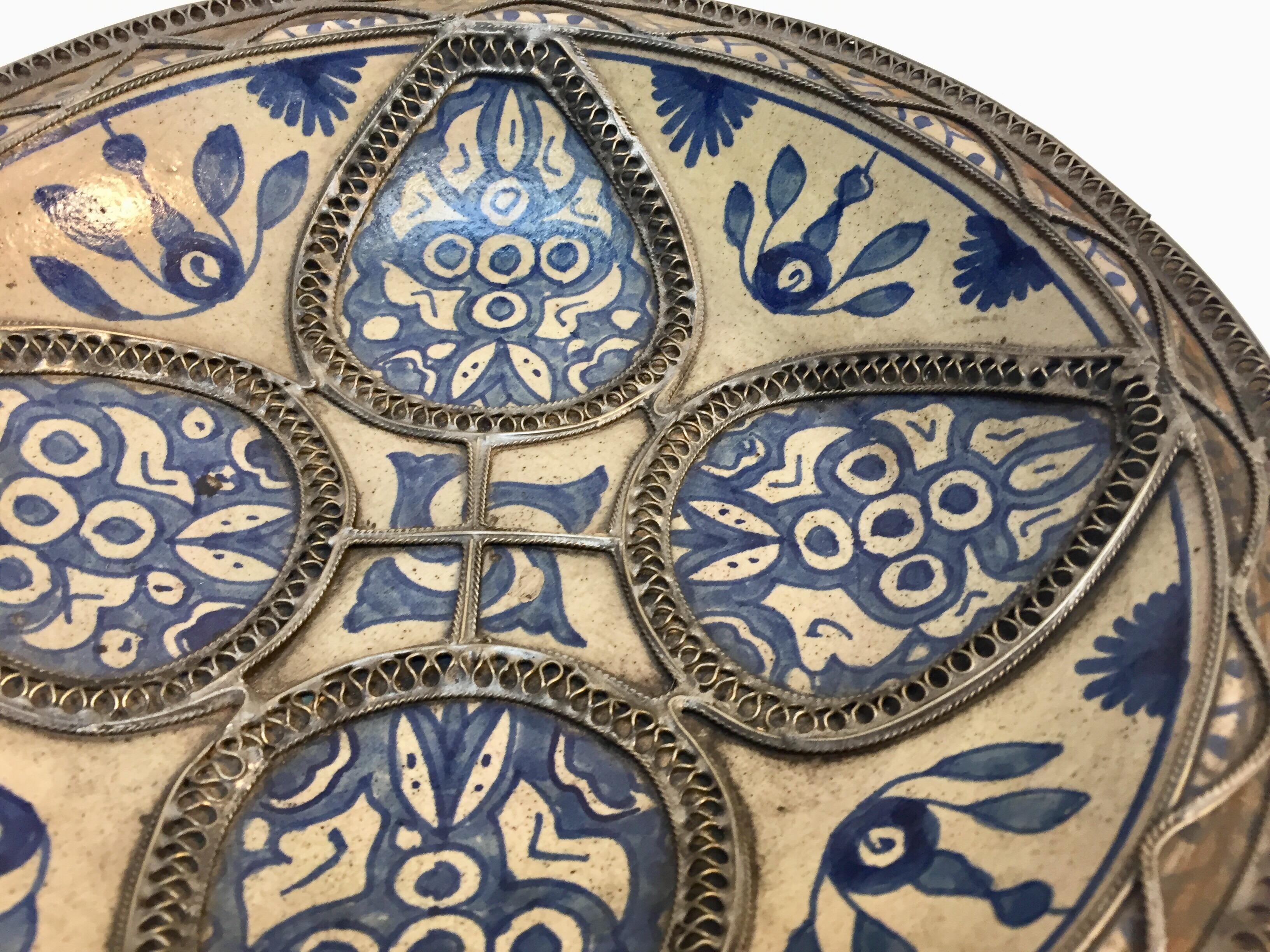 Hand-Crafted Moroccan Ceramic Plate Adorned with Silver Filigree from Fez