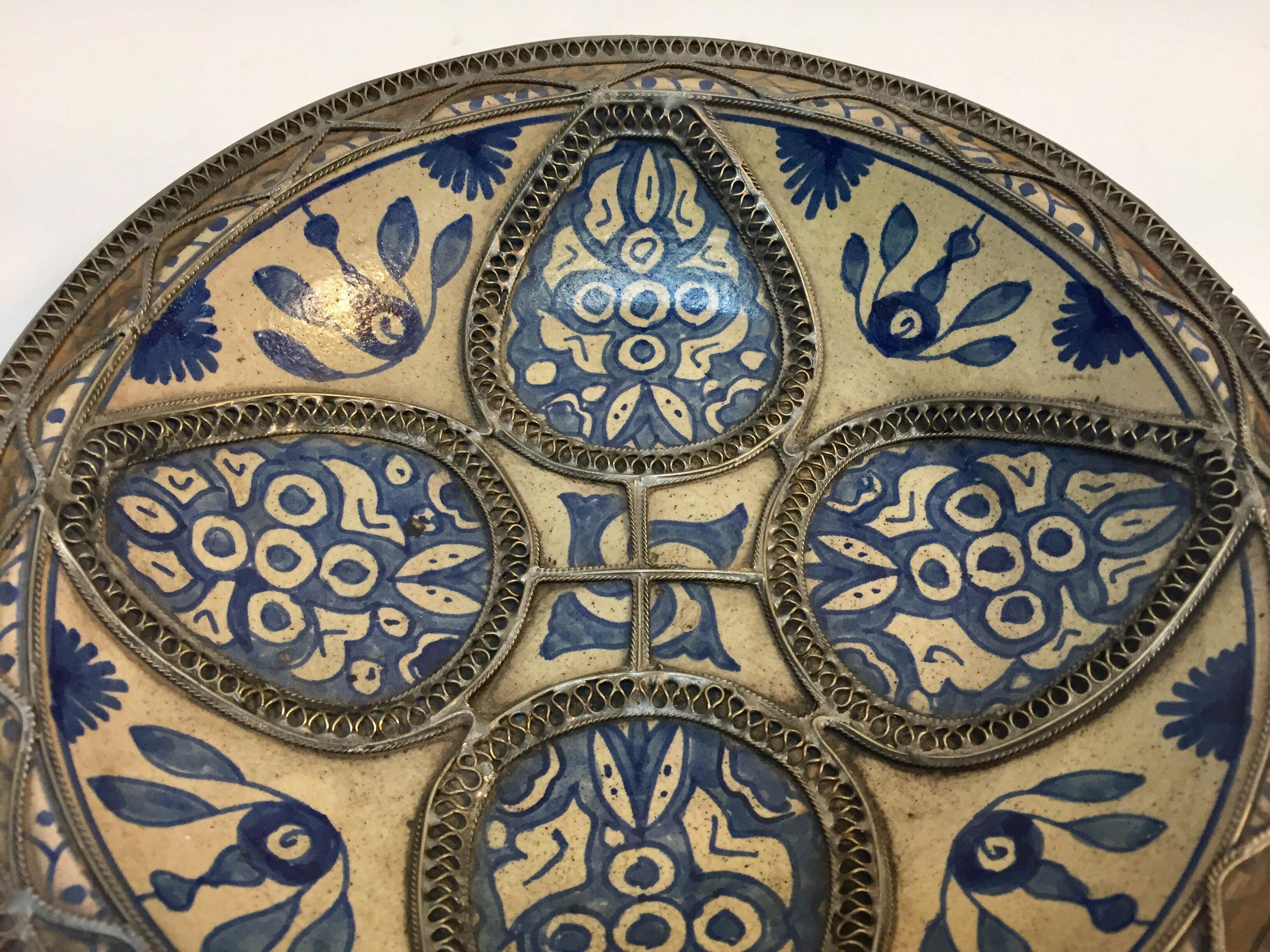 20th Century Moroccan Ceramic Plate Adorned with Silver Filigree from Fez