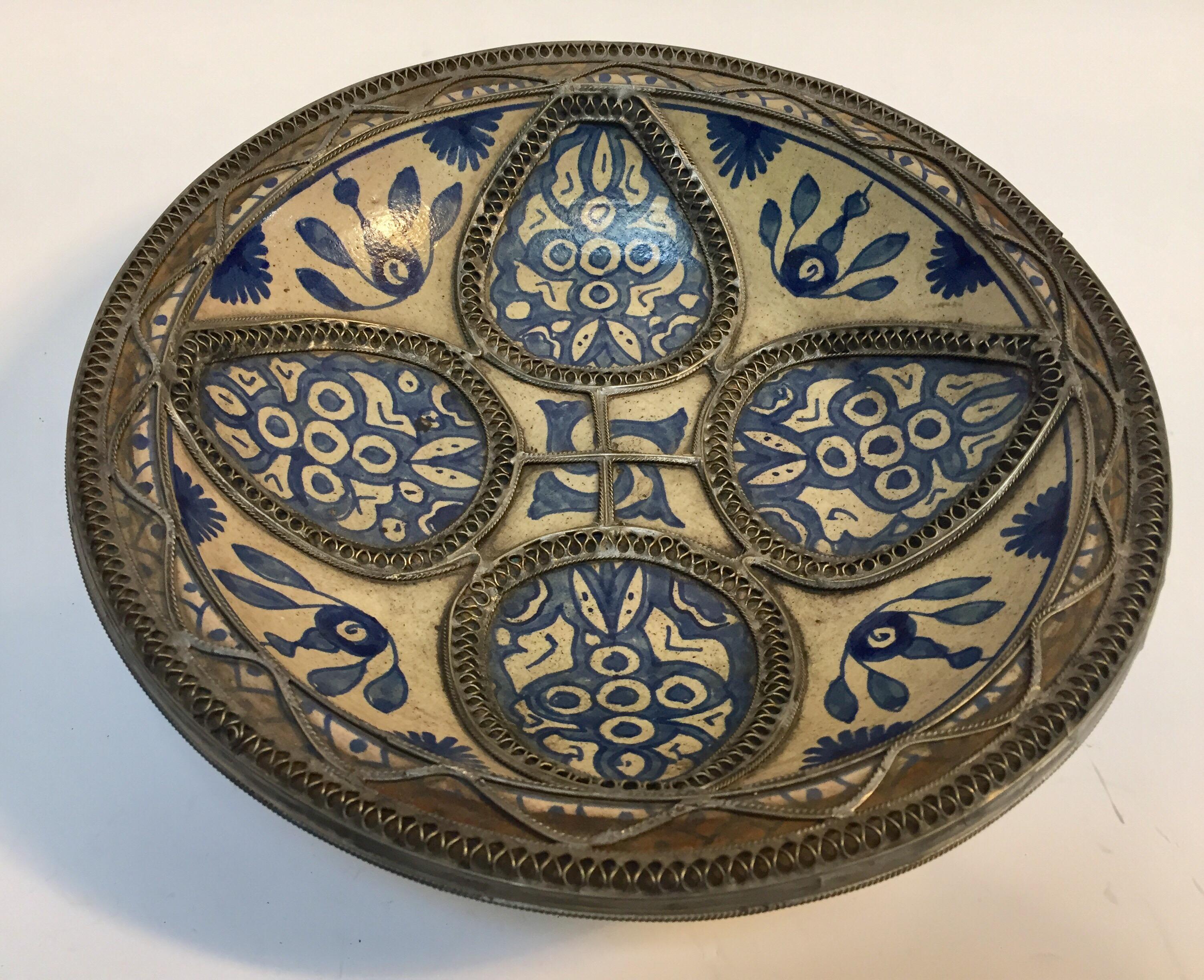 Moroccan Ceramic Plate Adorned with Silver Filigree from Fez 1