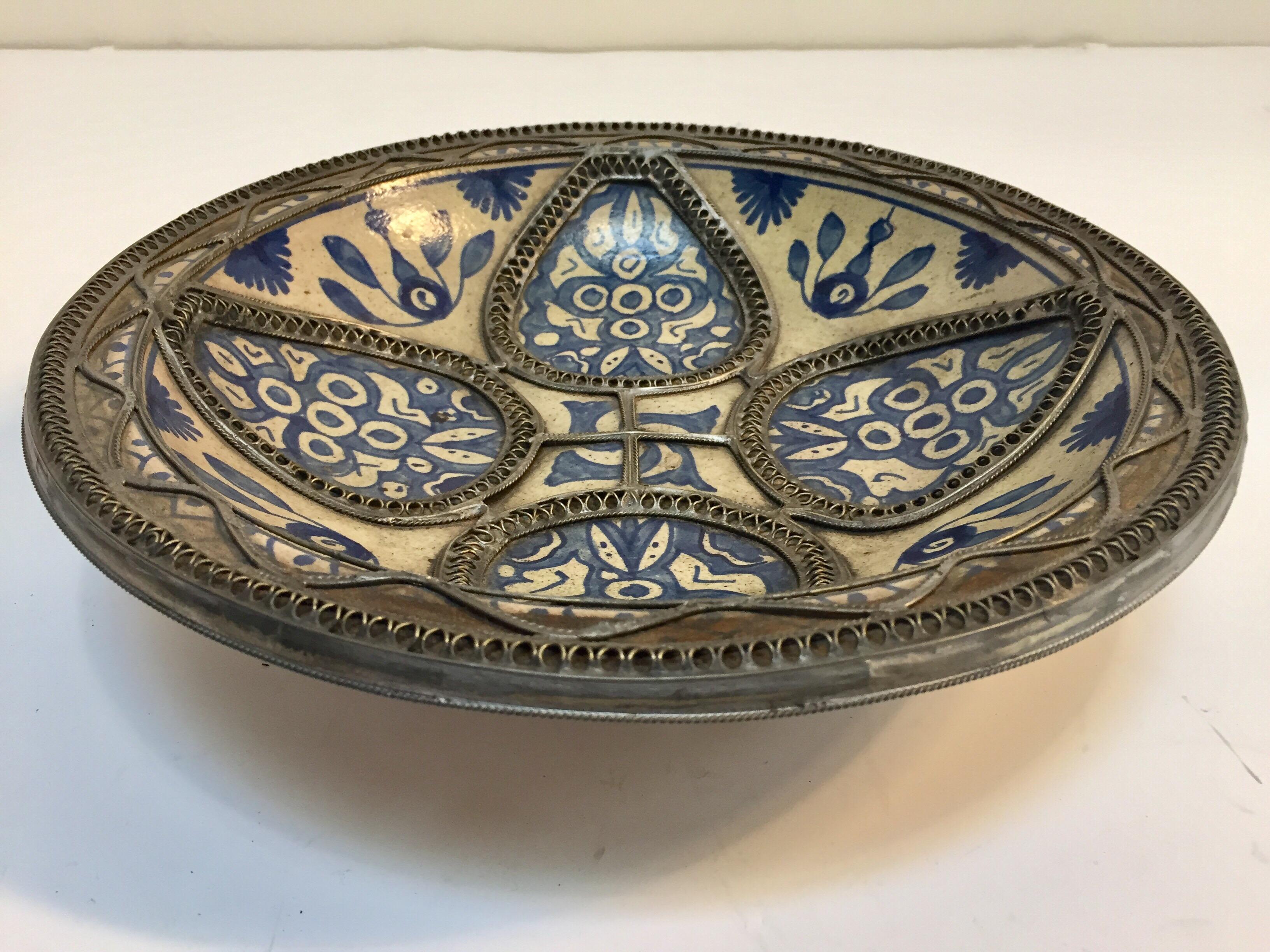 Moroccan Ceramic Plate Adorned with Silver Filigree from Fez 2