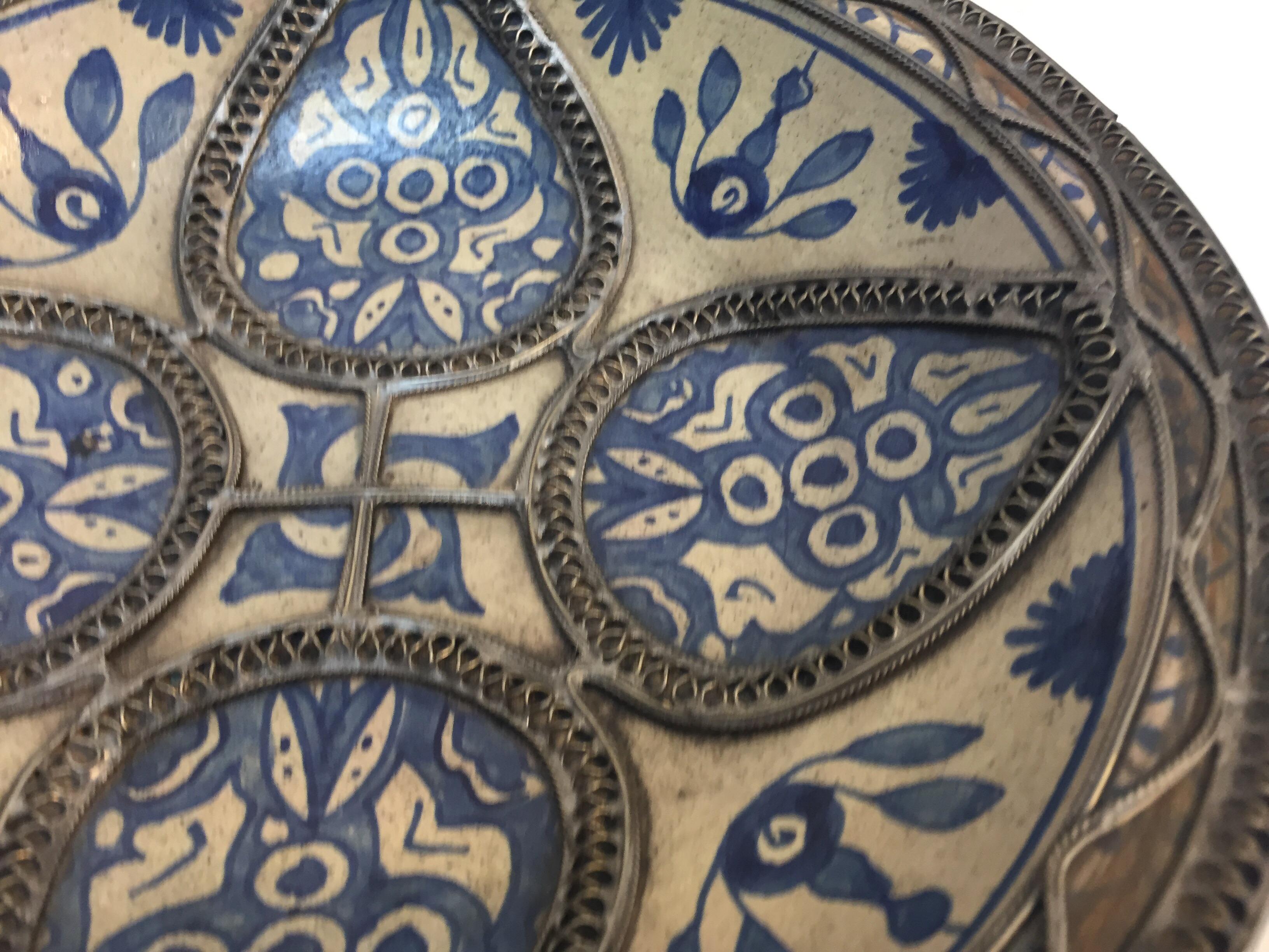 Moroccan Ceramic Plate Adorned with Silver Filigree from Fez 3