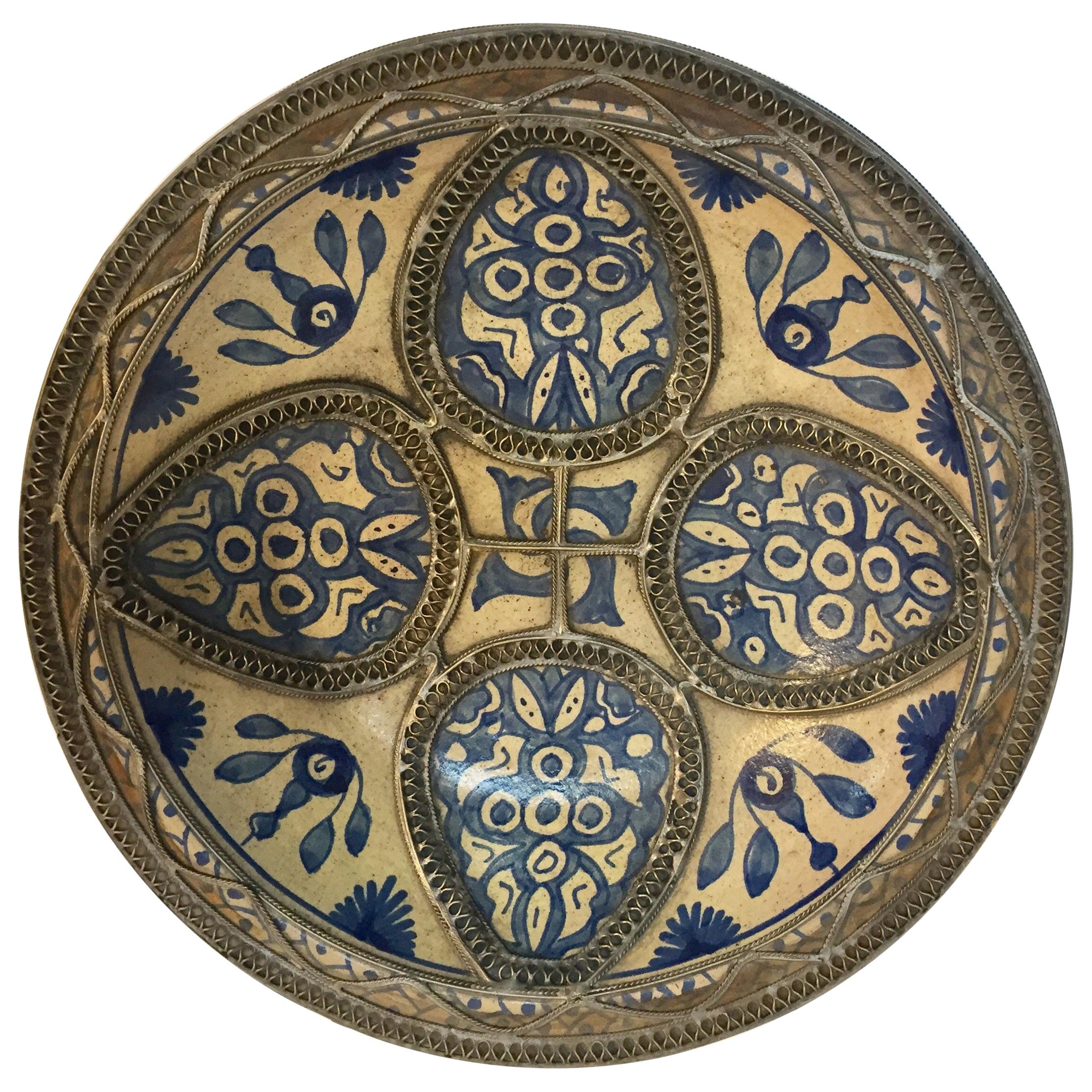 Moroccan Ceramic Plate Adorned with Silver Filigree from Fez
