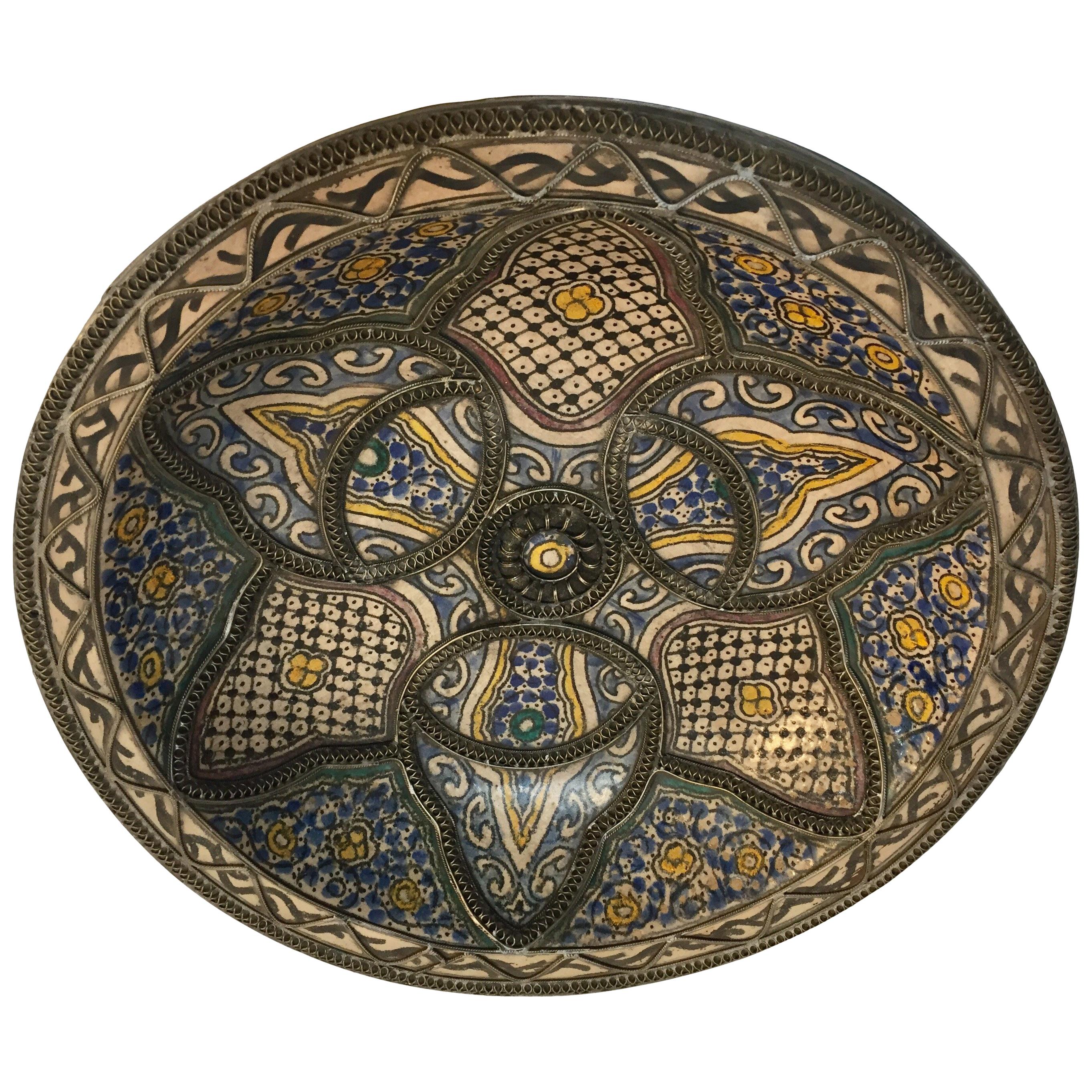 Moorish Ceramic Bowl Adorned with Silver Filigree from Fez Morocco