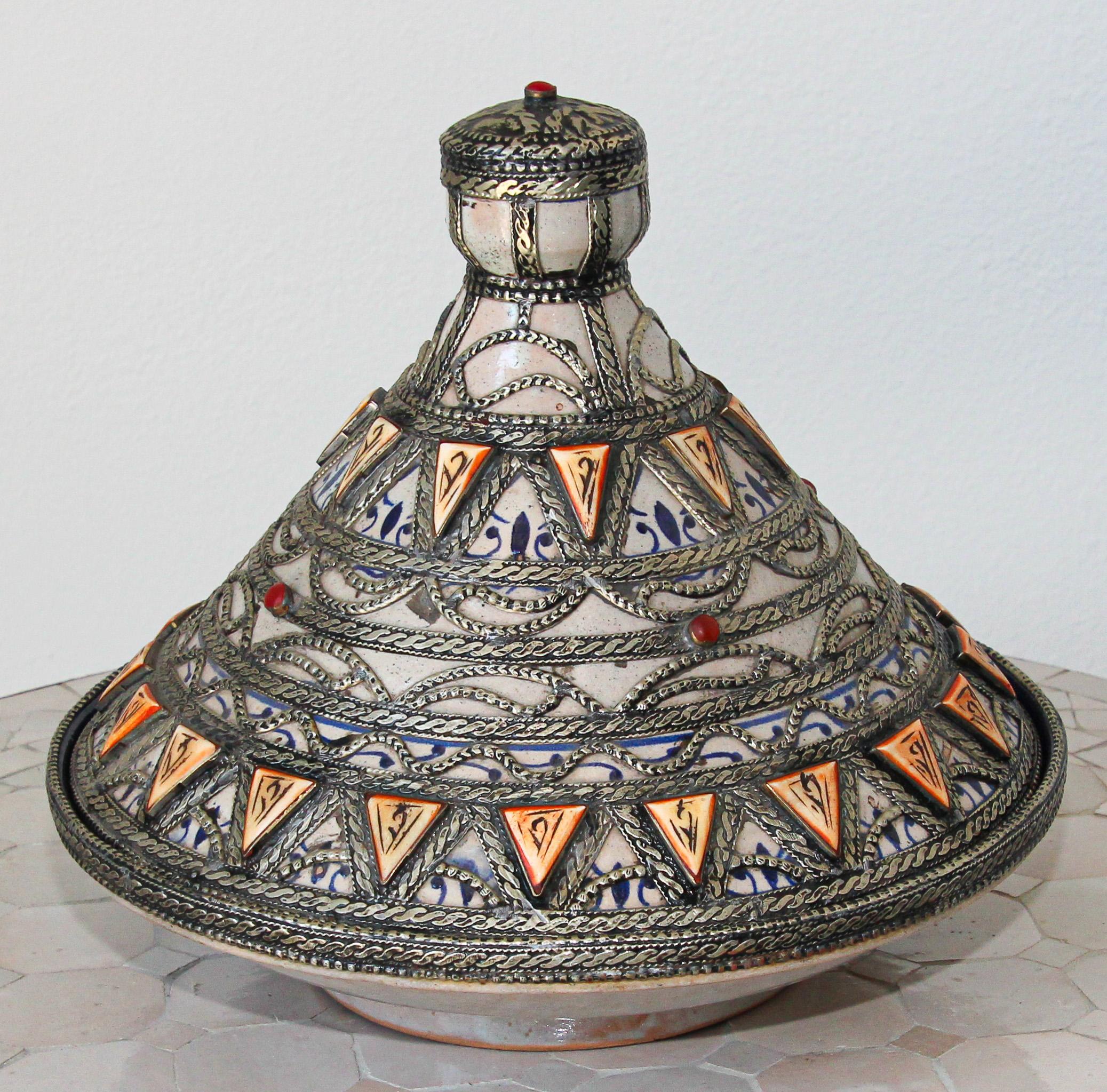 Moroccan Ceramic Polychrome Tajine with Leather Stones and Metal Overlay 3
