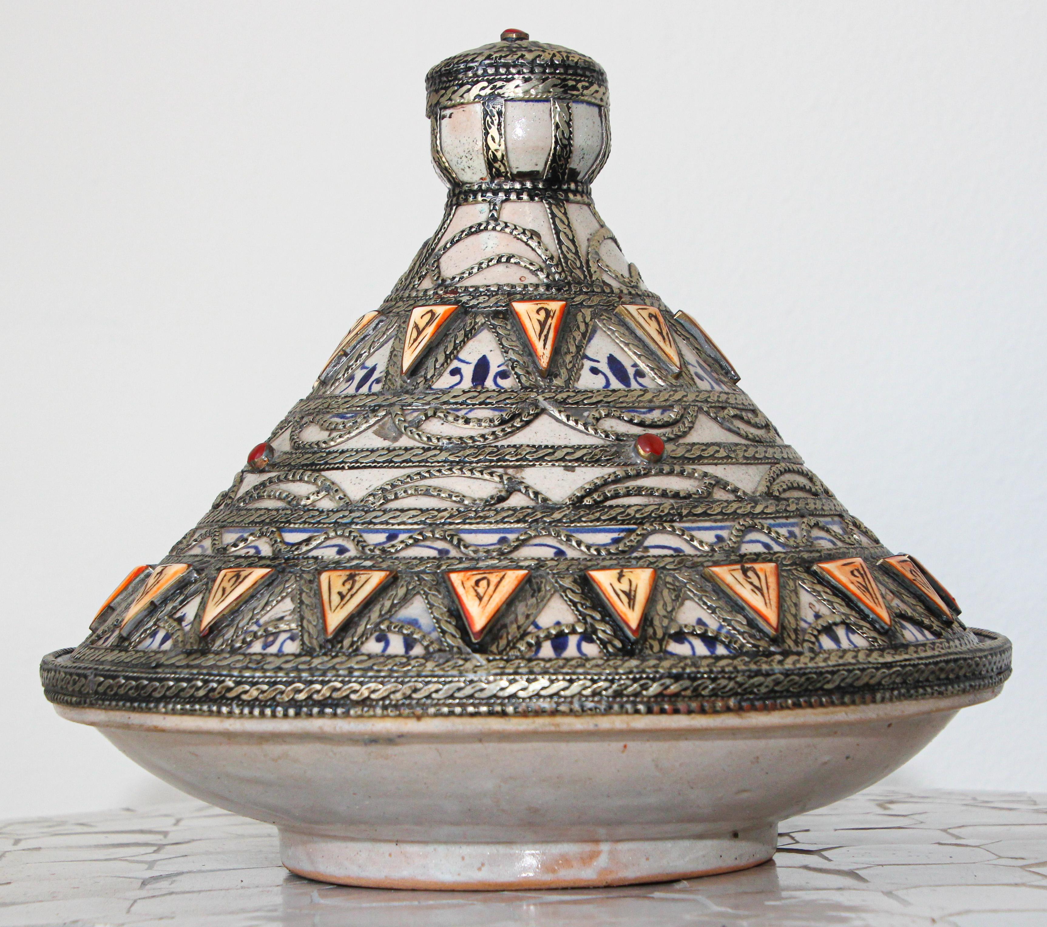 Moroccan Ceramic Polychrome Tajine with Leather Stones and Metal Overlay 4