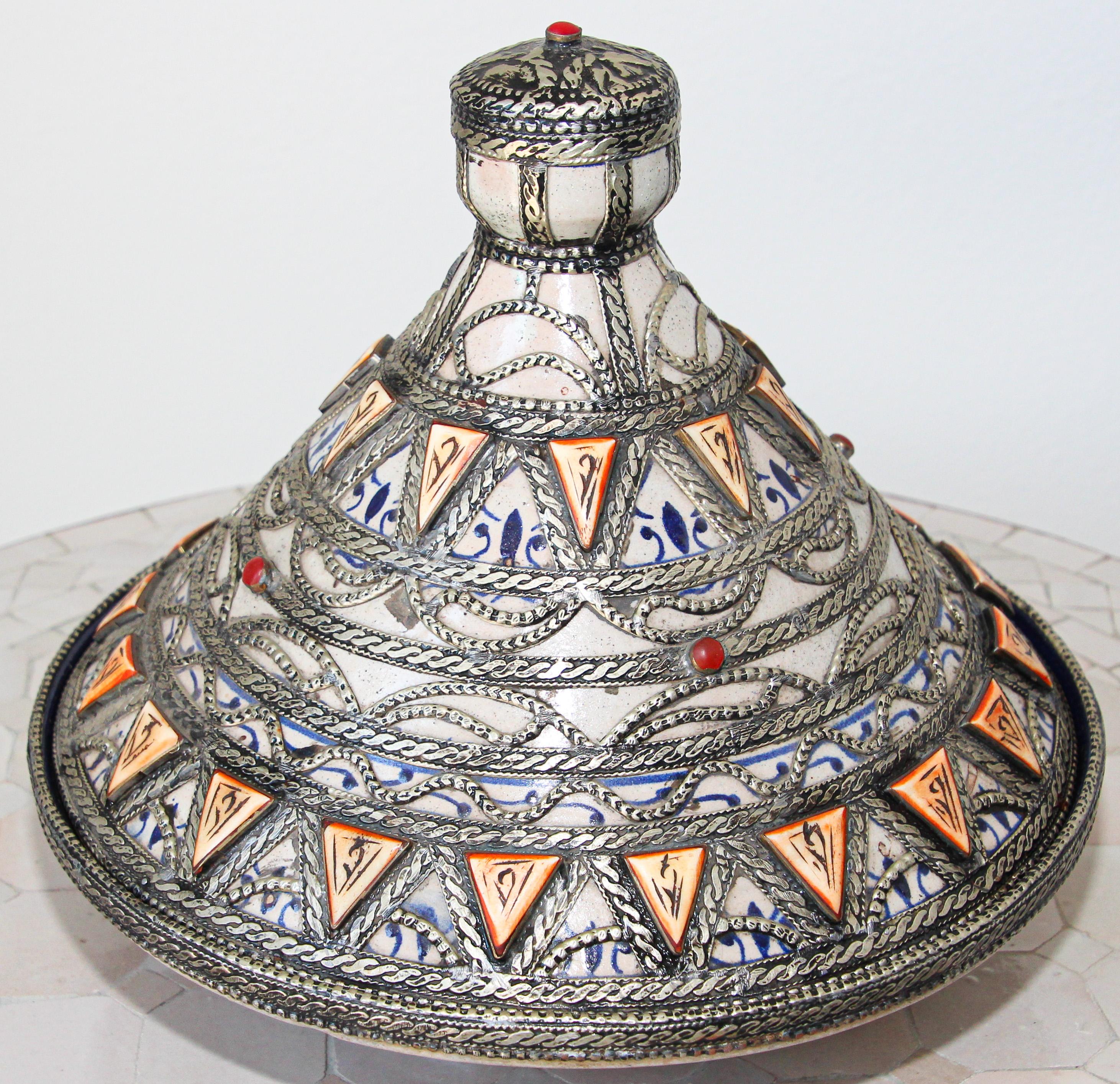 Moroccan Ceramic Polychrome Tajine with Leather Stones and Metal Overlay 5