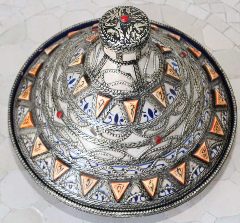 Moroccan Ceramic Polychrome Tajine with Leather Stones and Metal