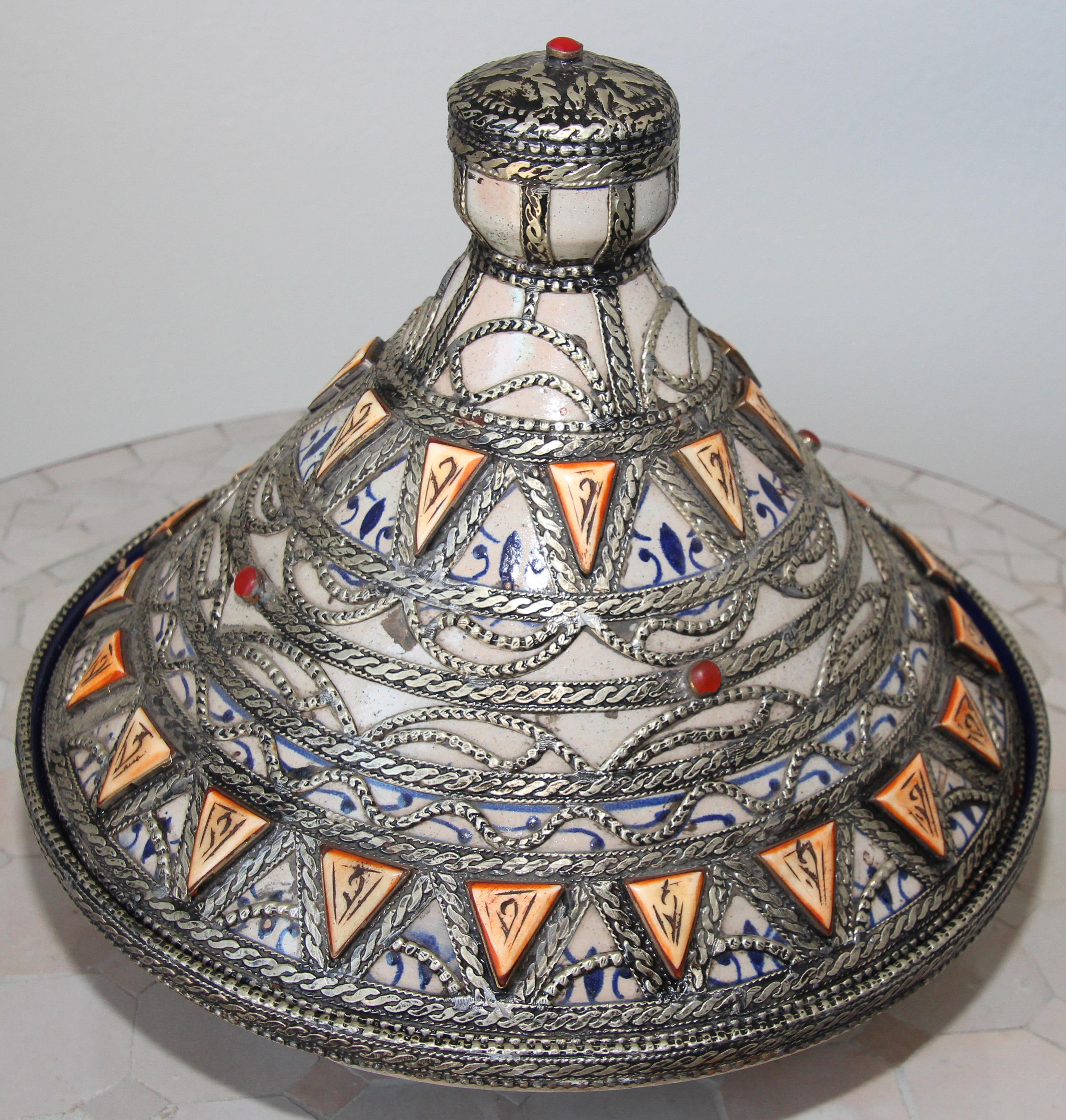 Moroccan Ceramic Polychrome Tajine with Leather Stones and Metal Overlay 7