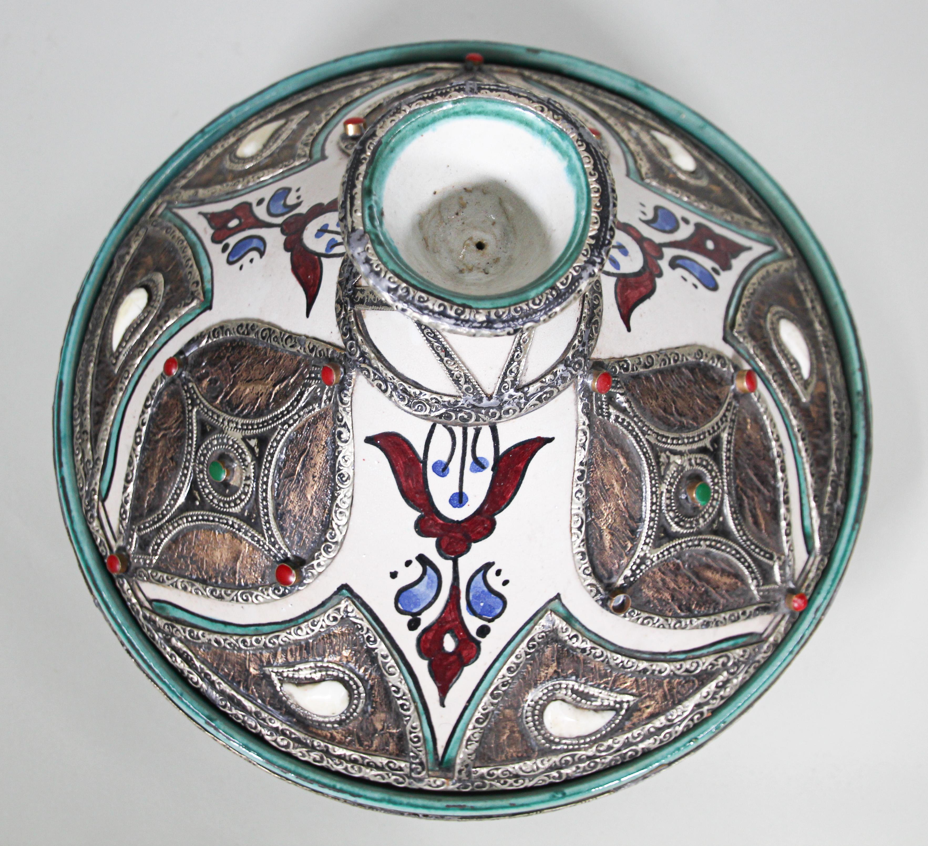 Antique Moroccan Ceramic Tajine from Fez Polychrome For Sale 11