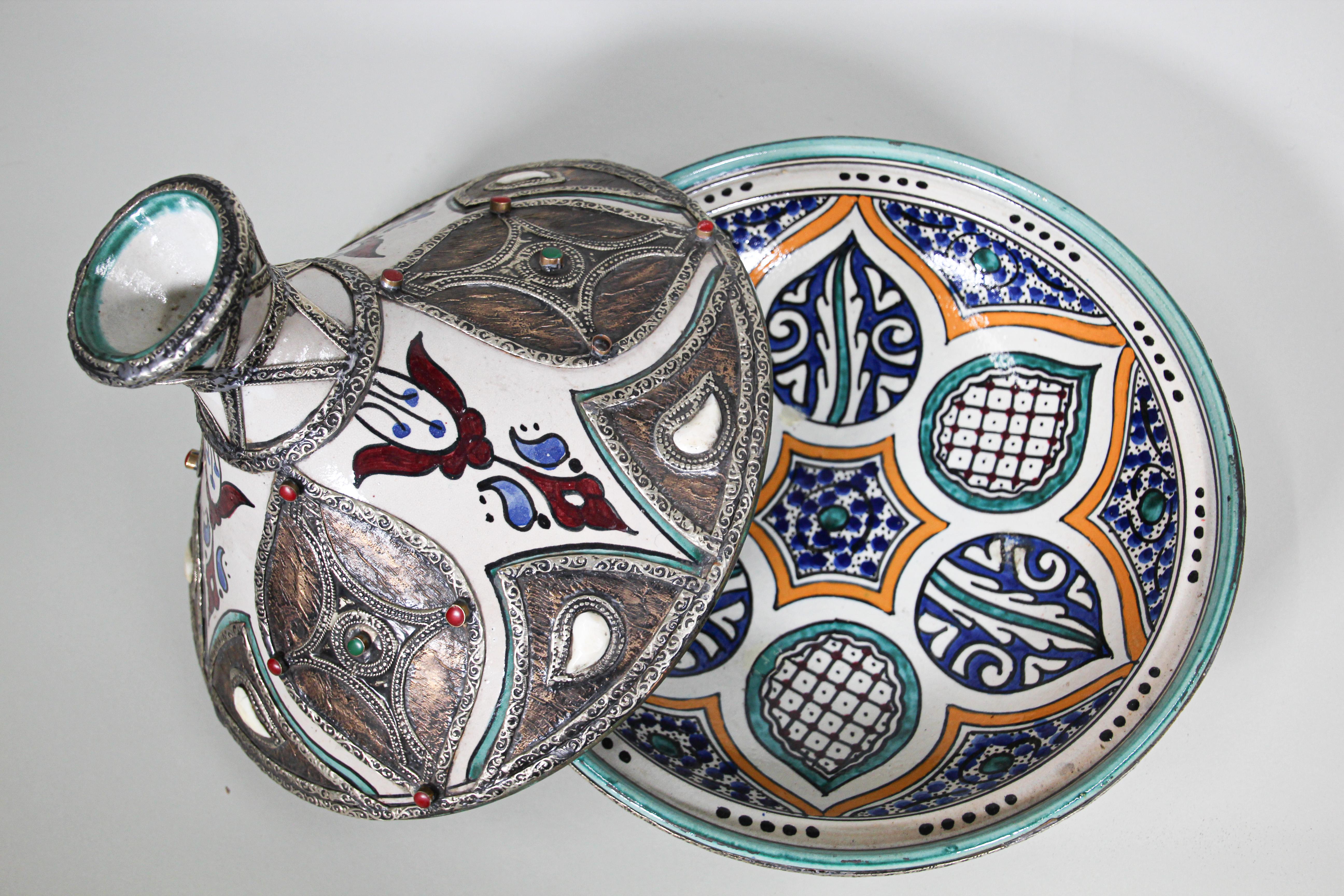 Moorish Antique Moroccan Ceramic Tajine from Fez Polychrome For Sale