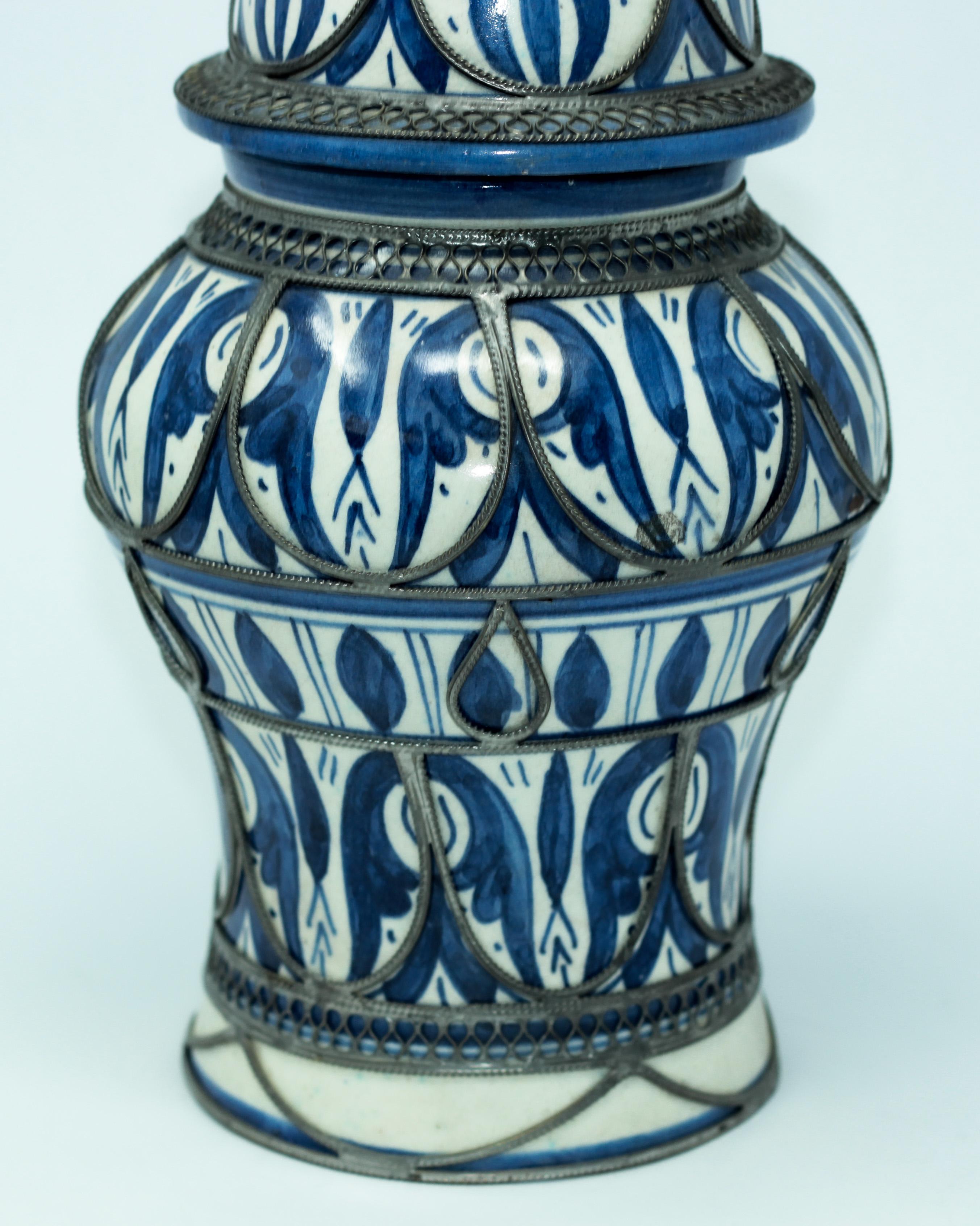 Moorish Moroccan Ceramic Vase from Fez Blue and White with Silver Filigree For Sale