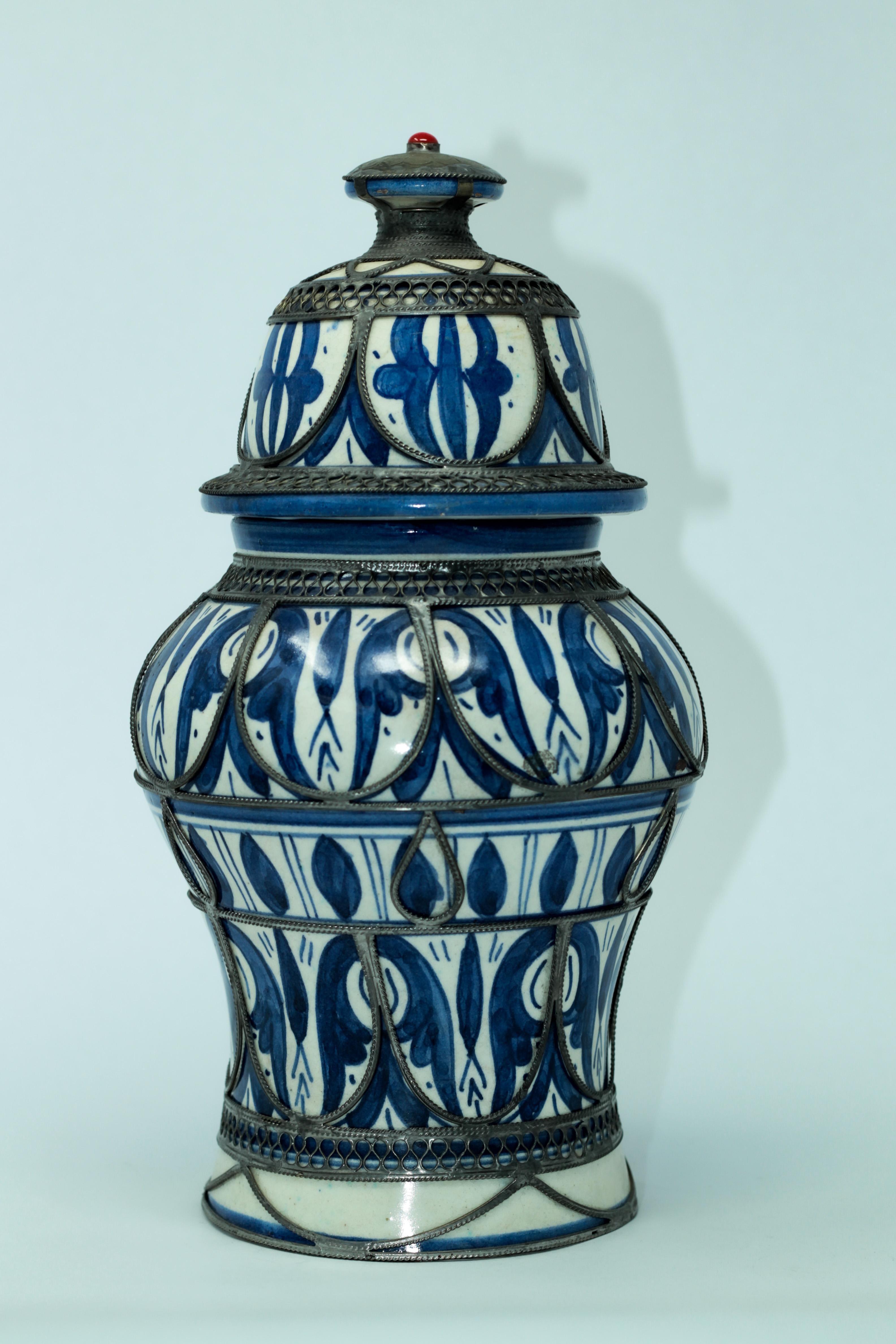 Hand-Crafted Moroccan Ceramic Vase from Fez Blue and White with Silver Filigree For Sale