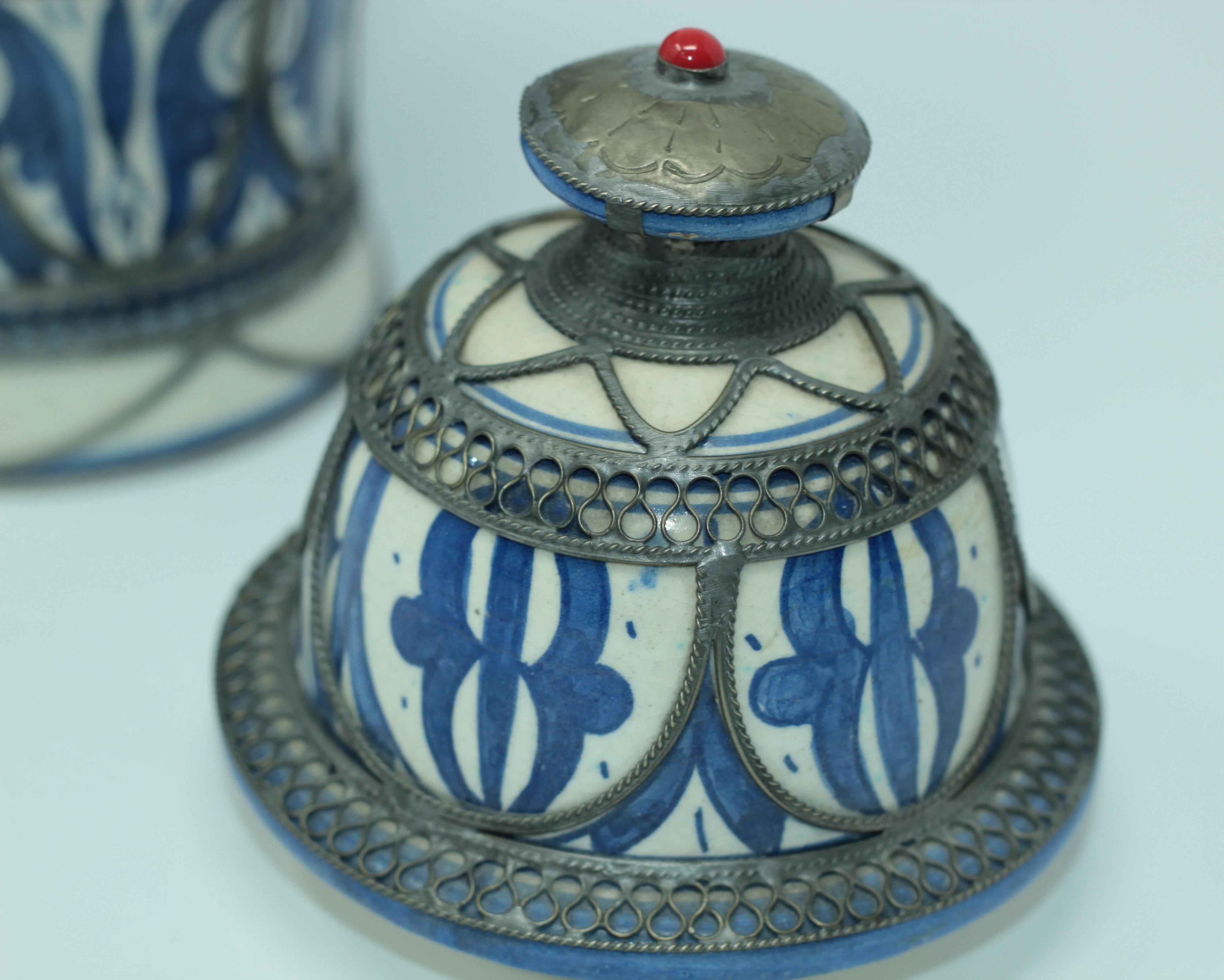 20th Century Moroccan Ceramic Vase from Fez Blue and White with Silver Filigree For Sale